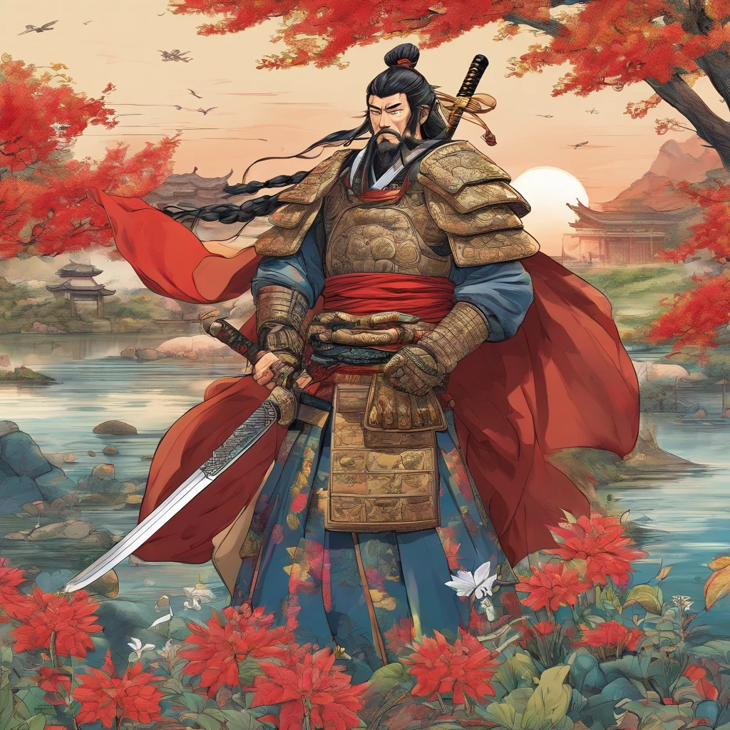 (Best Quality,4K,8K,hight resolution,masutepiece:1.2),Ultra-detailed,(Realistic,Photorealistic,Photorealsitic:1.37),Feudal old samurai of Japan in the Sengoku period, Wear samurai armor, Wearing a black samurai mask, Wielding a sharp sword, Glowing red eyes, Mikawa Squire, In the Japan Garden