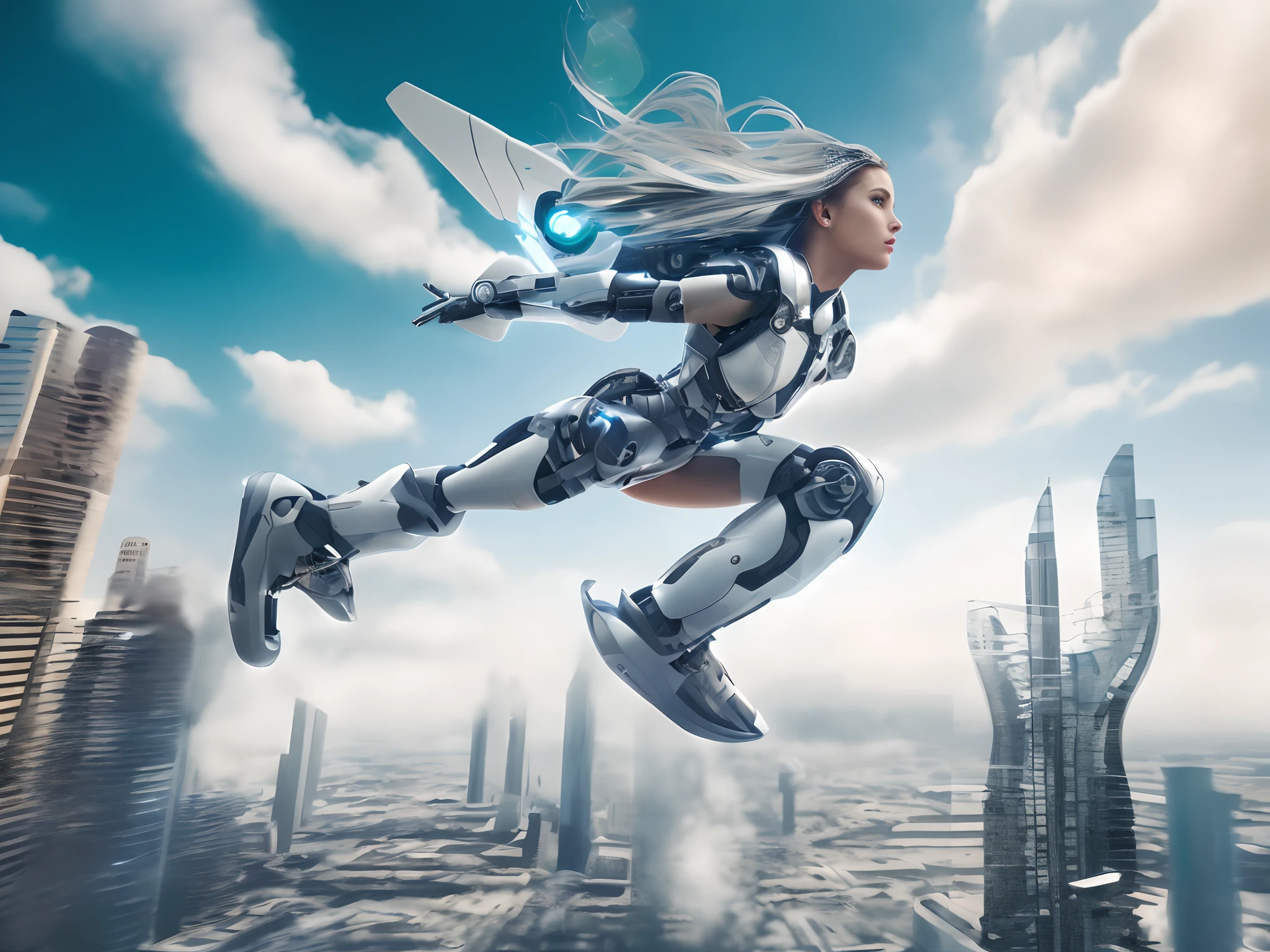 (Best Quality,4K,8K,hight resolution,masutepiece:1.2),Ultra-detailed,(Realistic,Photorealistic,Photorealsitic:1.37),Futuristic,scientific fiction,flying over city,beautiful cyborg angel girl,Beautiful white cyborg girl,futuristic robot angel,Cyborg - silver-haired girl,Beautiful cyborg images,scifi woman,beautiful female cyborg,Beautiful seductive female cyborg,White futuristic armor,Ascending to the sky,Female Cyborg