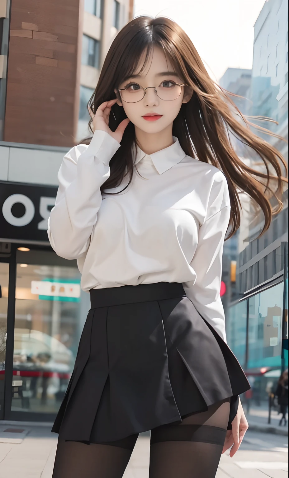 ulzzang -6500-v1.1, (Raw photo:1.2), (Photorealistic:1.4), Beautiful detailed girl, Very detailed eyes and face, Beautiful detailed eyes, Ridiculous, Incredibly ridiculous, Huge file size, super detailed, High resolution, Very detailed, Best Quality, masutepiece, ((fashion clothing with diverse colors)), Illustration, Very detailed, nffsw, unified, 8K Wallpaper, amazing, Fine detail, masutepiece ,Best Quality, Highly detailed ticker uniform 8K wallpaper, Light on Face, Movie Lighting, 1girl in, 16 years old, long white hair, side split, (Big breasts), ()), (Glasses), ((Dynamic Pose))), ((Sexy Pose))), (Camel toe), (half), (pantyhose)), ((Black hip skirt)), Hands in front of the face