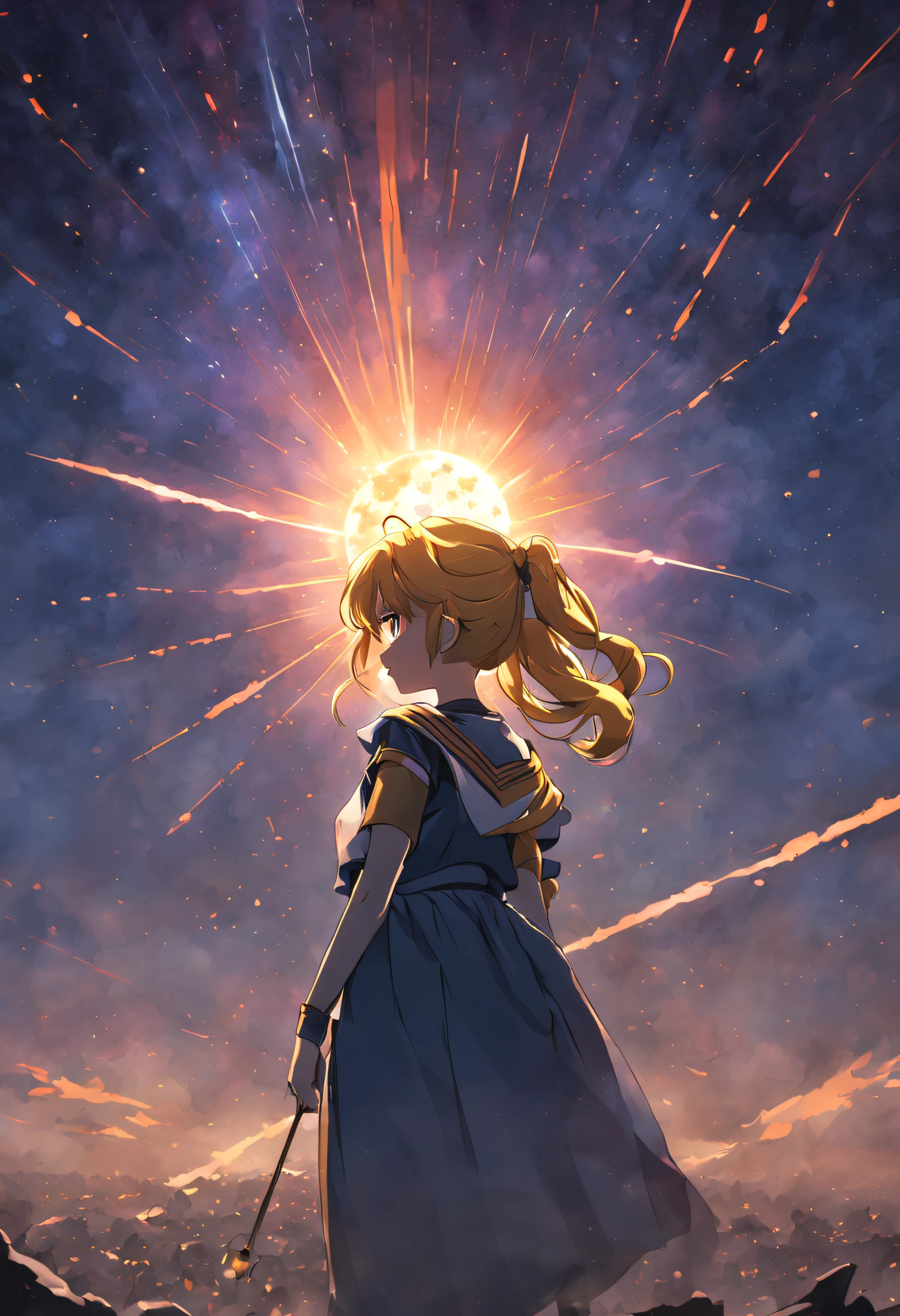 A girl in a blue dress standing on a rock with a sword - SeaArt AI