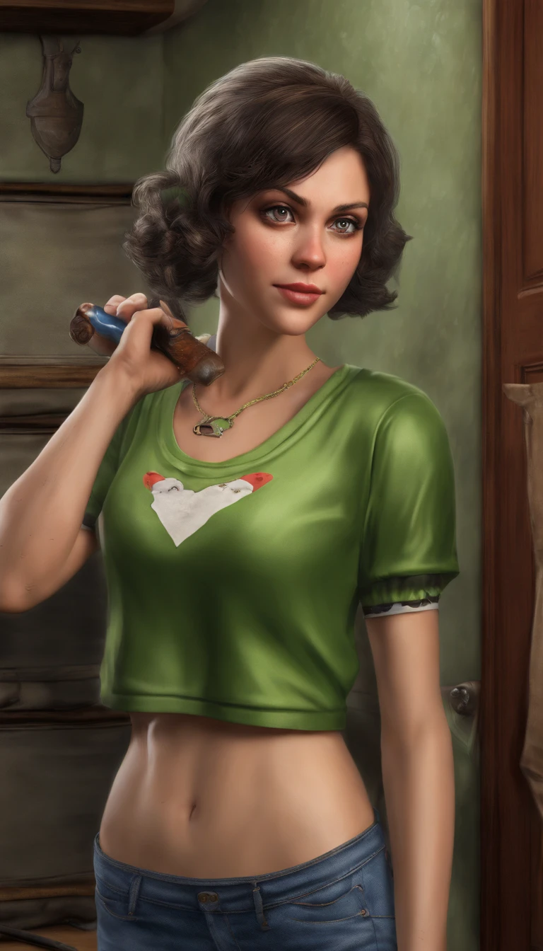 a young woman, 30 years old, looking at the viewer, brunette with short hair, with a baseball bat in her hand, with the face of a Disney character, wearing makeup, standing near the bathroom, wearing a green blouse, jean shorts, ultrarealistic resolution, 8k, 16:9 vertical dimension, portrait mode, realistic.