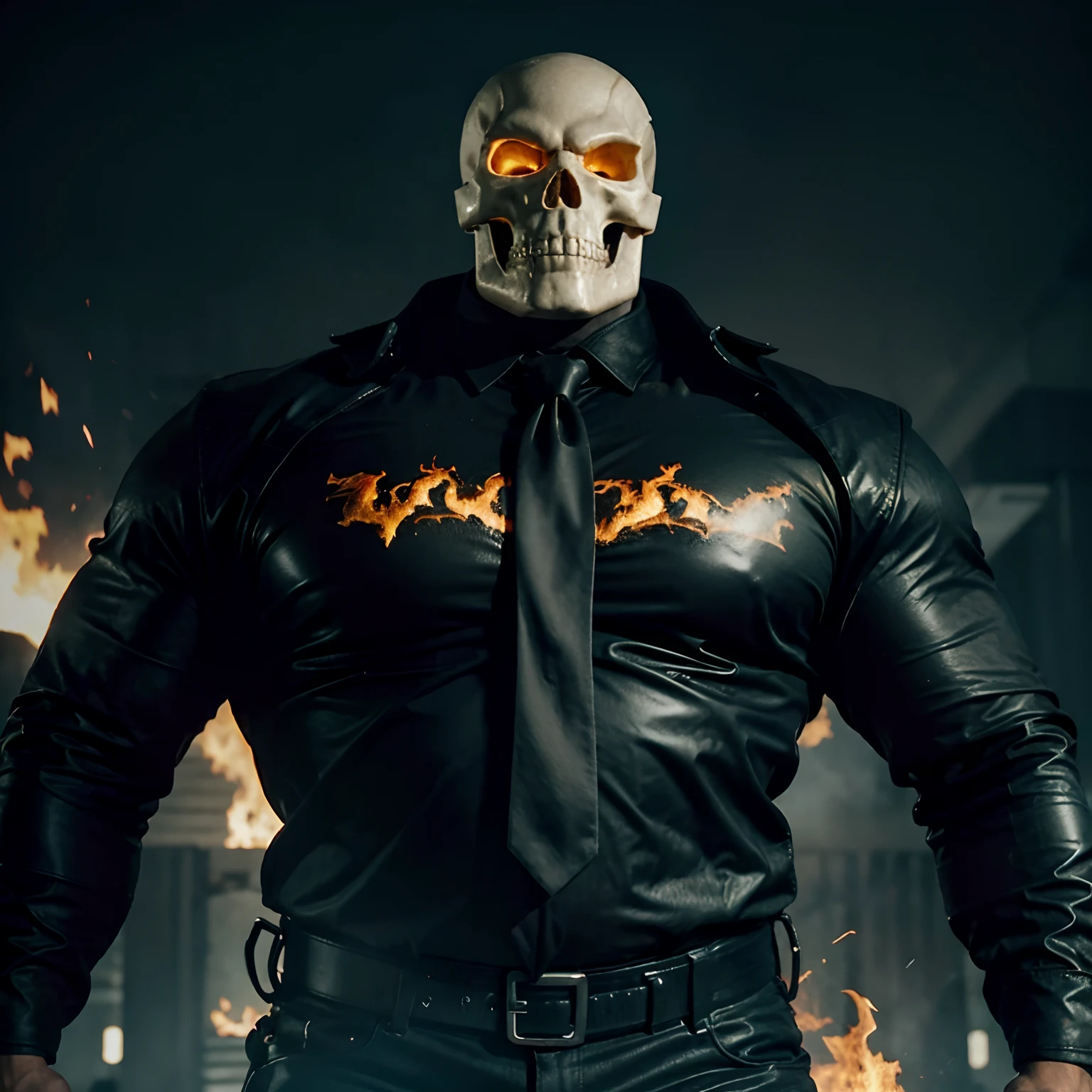 Ghost rider , muscled with huge pecs , huge torso , huge arms , with a skull head like with fire , as a police officer with a hat and a tie