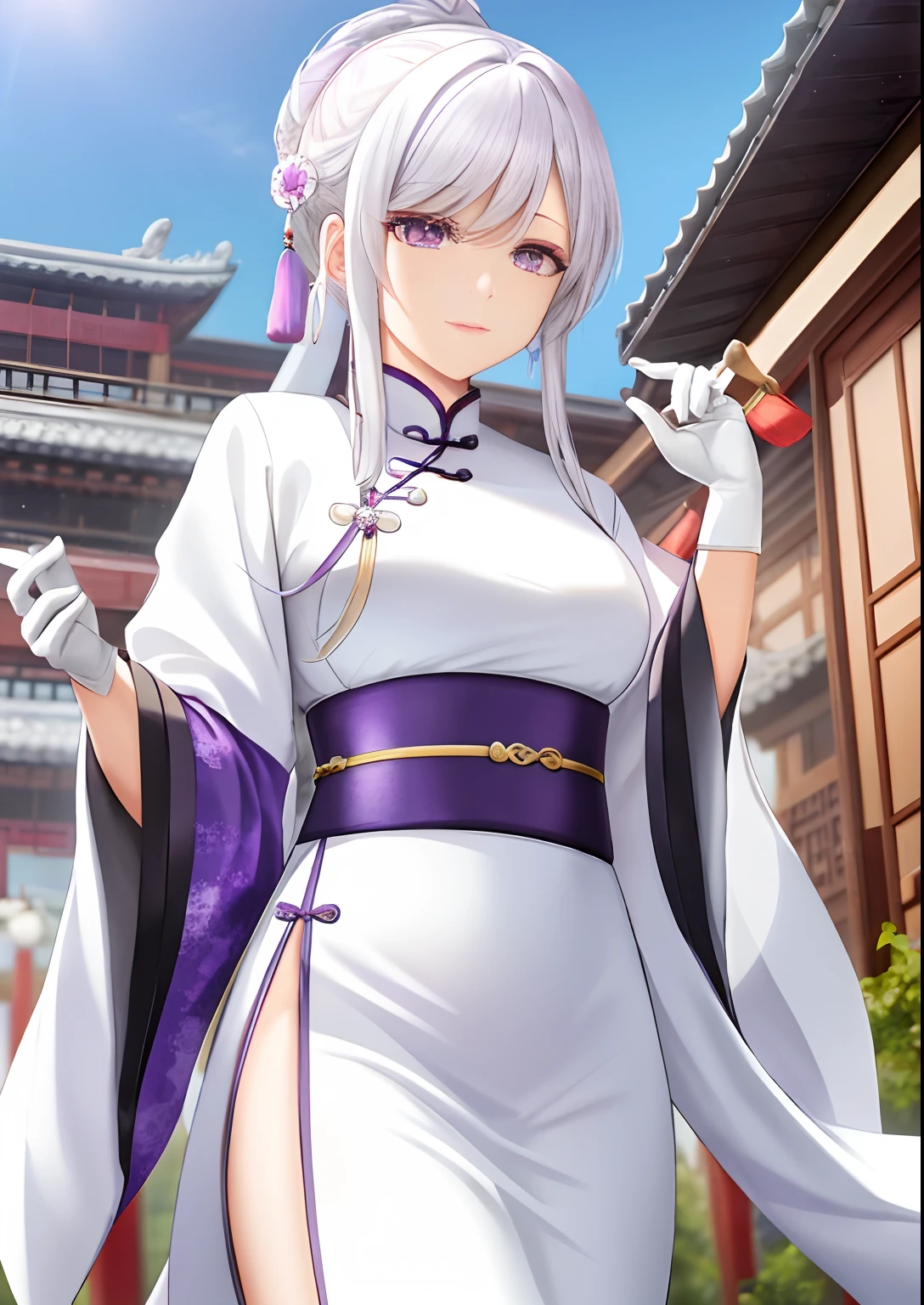 A woman,Watching the view,,White hair,Wear purple Hanfu,Long white gloves are worn on the elbows,Chinese Ancient Architecture