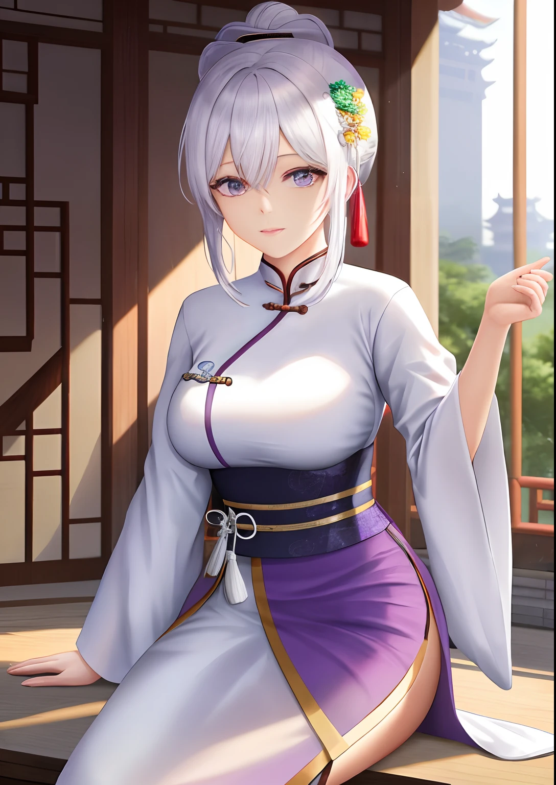 A woman,Watching the view,,White hair,Wear purple Hanfu,Long white gloves are worn on the elbows,Chinese Ancient Architecture