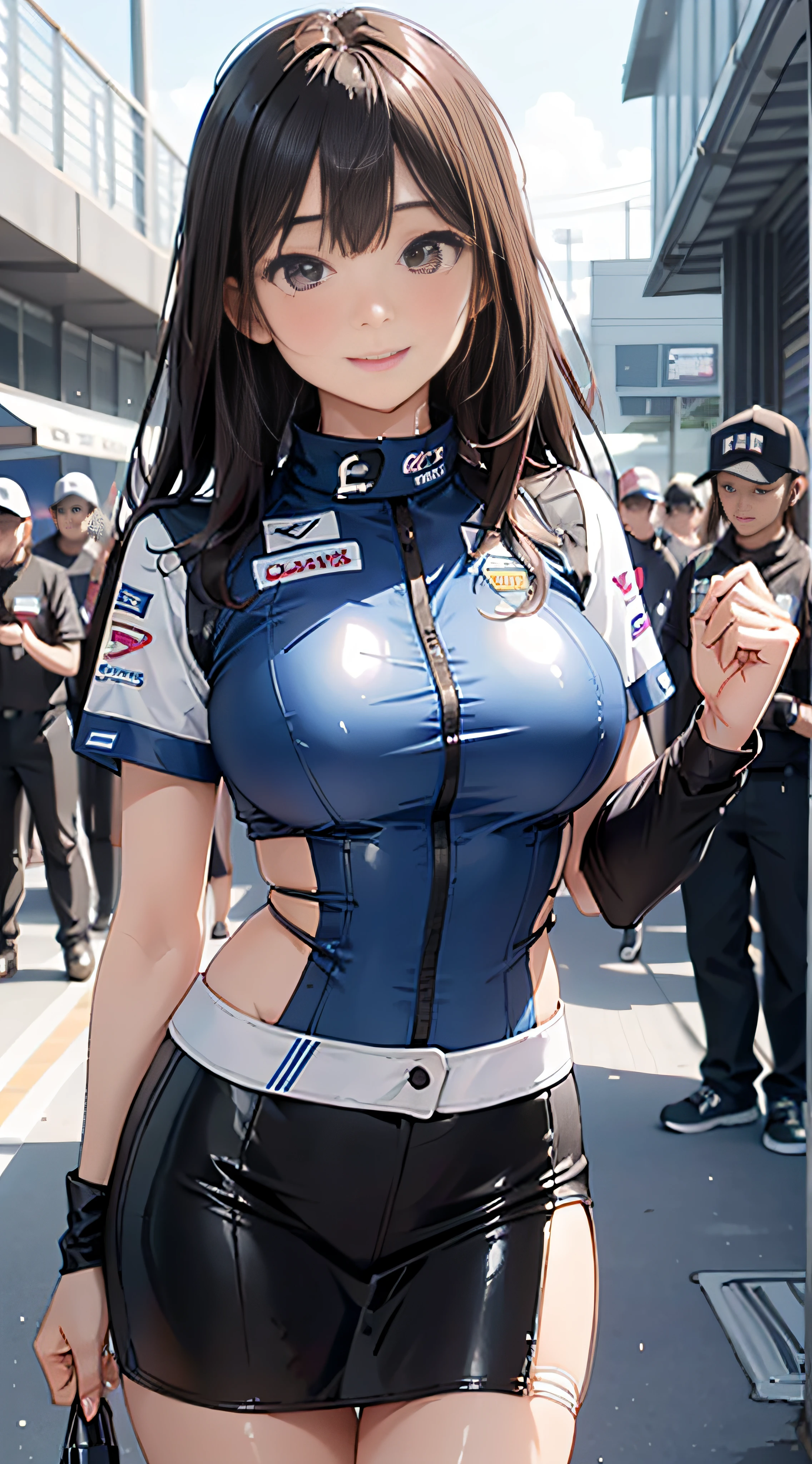 20-year-old woman in bright blue and white dress, Colossal tits, large full breasts、biomechanical oppai, loli in dress, oppai proportions, Ecchi, Ecchi anime style,((top-quality)), ((​masterpiece)), Shy smile, Pitch Resuit, Puffy nipple, Shy laughter、Kamimei, knee high stockings, Adult Woman, (cum in vaginas:1.3), cum in mouth, (Overflowing G-string:1.5), Long Wave Hair、dark brown hair, a miniskirt,Race Queen, masterpaintings, best qualtiy, Photorealsitic, ultra-detailliert, (shiny skins), Brown-eyed, slender, dynamic light and shadow, hight resolution, Sharp Focus, depth of view, The eyes are delicate, Sharp pupils, outside of house, Skysky, Tight skirt,underboob, Wet_Clothes, Wear the grid_Girl costume printed with sponsor's logo, (Stand in a motorsport race)+, sexy hips、Kamimei、Chest opening、Slouching Chest Emphasis Pose