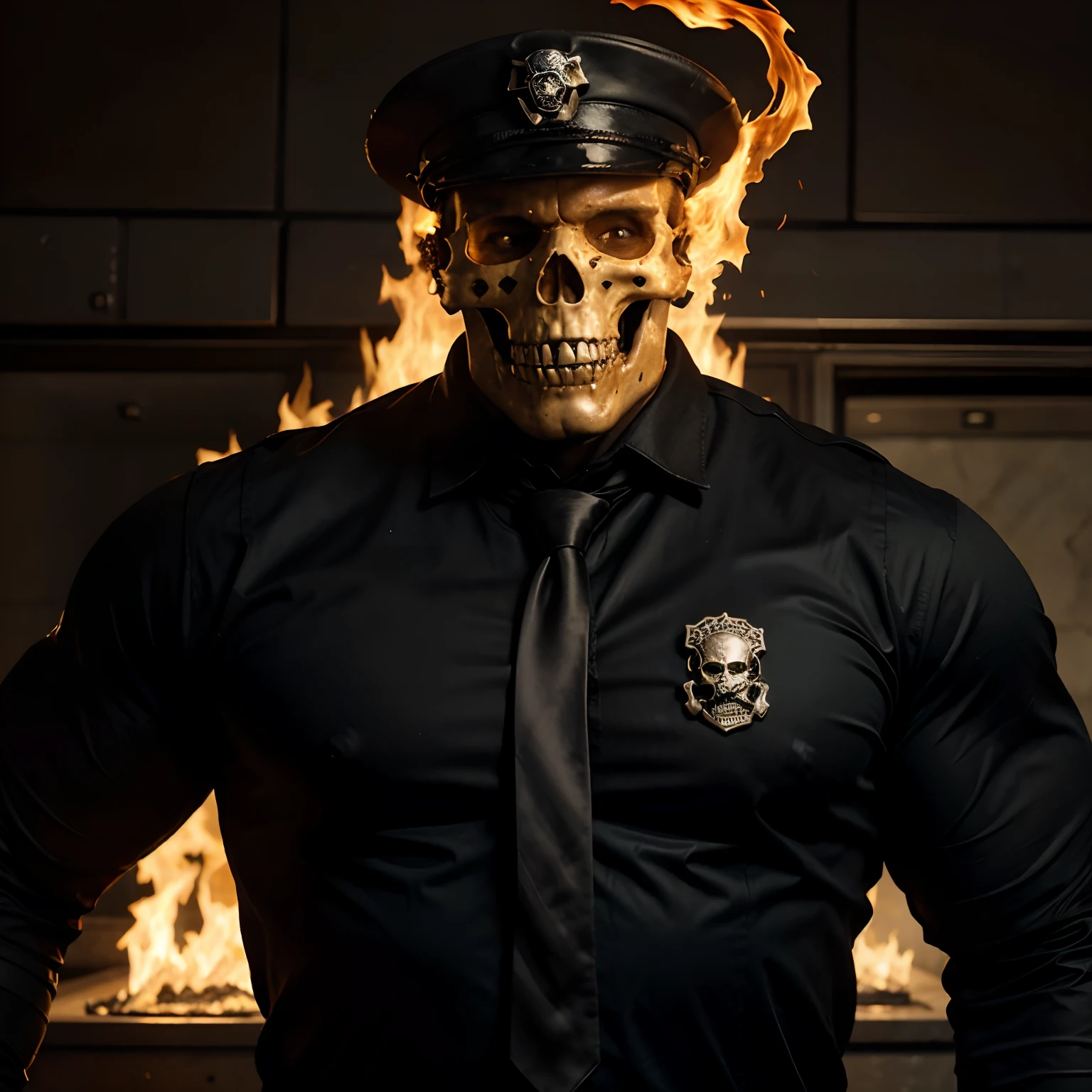 Ghost rider , muscled with huge pecs , huge torso , huge arms , with a skull head like  with fire , as a police officer with a hat and a tie