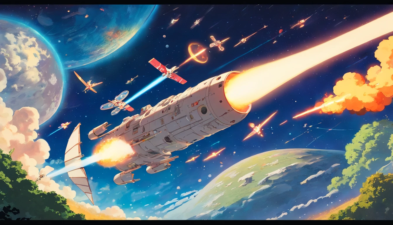 cartoonish style，outerspace，Grandiose spectacle，Flying battleship，Technical weapons，（（Majesty，Domineering）），opening fire，Full fire，background in war，Highest image quality，complexdetails，Extreme resolution，Dynamic obfuscation，Full of details，Precise detailing
