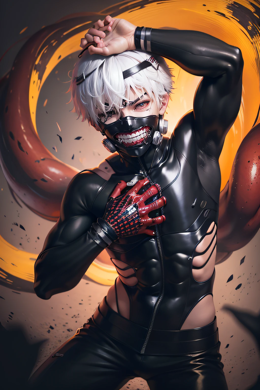 1boy,8k, anime, portrait, best quality, ultra high res, ultra detailed, black and high constrast color tone, extremely detailed lighting, cinematic lighting, soft lights, (masterpiece, high quality:1.4), (kaneki ken, white hair, red and black eye, mask | teeth, blood eyes, black clothes, scorpio tentacles),  blood, ((full body)), (dynamic pose), black background, thrilling, (fierce face)