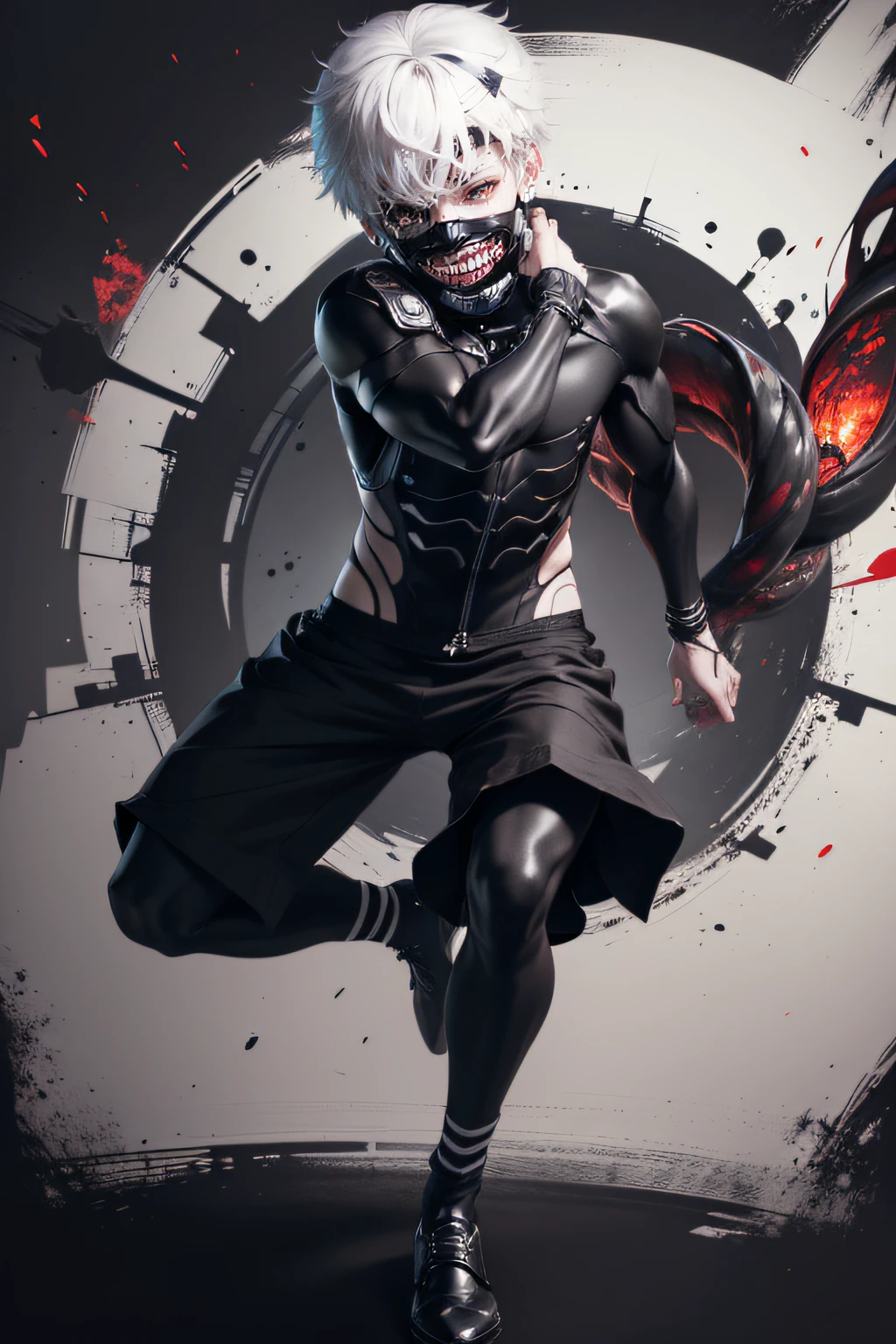 1boy,8k, anime, portrait, best quality, ultra high res, ultra detailed, black and high constrast color tone, extremely detailed lighting, cinematic lighting, soft lights, (masterpiece, high quality:1.4), (kaneki ken, white hair, red and black eye, mask | teeth, blood eyes, black clothes, scorpio tentacles), blood, ((full body)), (dynamic pose), black background, thrilling, (fierce face)