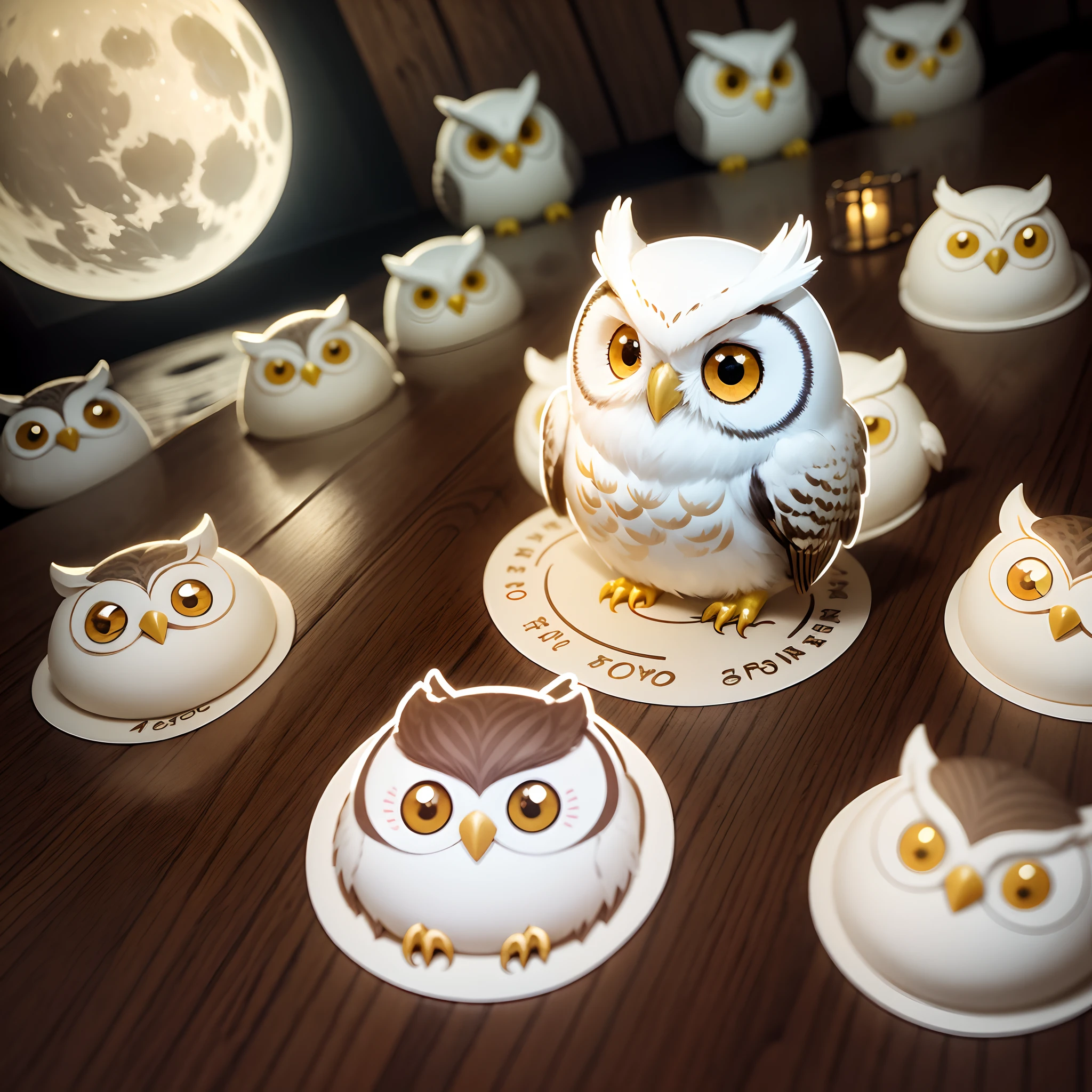 A cute owls sticker, golden eyes,cute white owls,a full moon,a deep forest,and a mysterious image