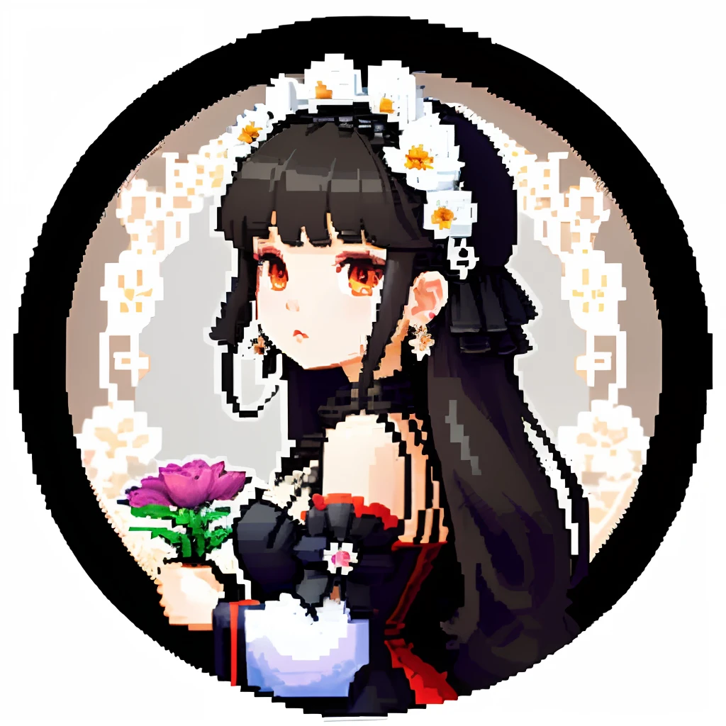 She was dressed like an ornate jewel,large earring、Lots of flowers、 Gothic White、Colorful Floral Decoration Costume、Girl with dull grey long S-shaped curls、Look back and look at this.、Pixel art、Pixel Art Illustration、pixels、Plain background、Upper body、For icons、pixels_Art Book,Composition centered on the face、Black lily flower headdress、Katyusha、pixels、Game-style illustration、Pixel art、pixels、without background、The background is one color beige、pixels、Large anemone flower ornament、Loose fluffy、White background、Gothic fashion、simple background、