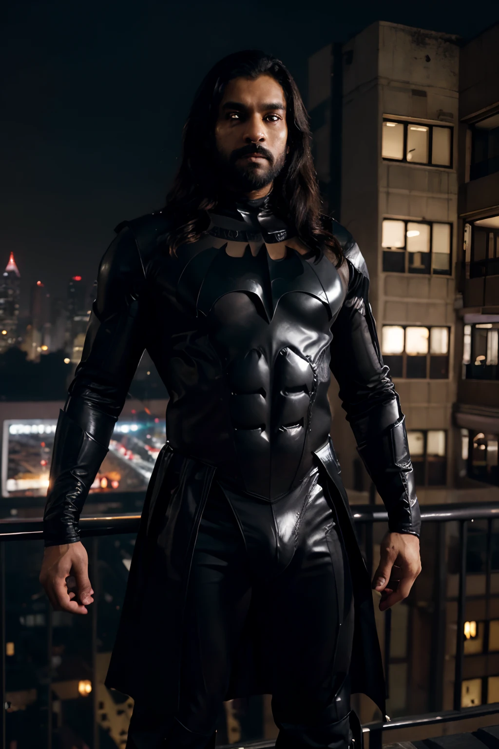 Indian Man wearing Only a Shiny Black Latex Short Underpants, Shirtless, No tops, Bare Body, Golden Batman Symbol Belt, Medium Long curly Hair falling aside face, Beards, Hoodless Batman Mask covering his Eyes Only, Black Cape, Big , Bulky Physique, Hairy Body, Brown Skin Complexion, Standing, Crossed Arms, Dark Semi-ruined Gotham Cyberpunk City in Background