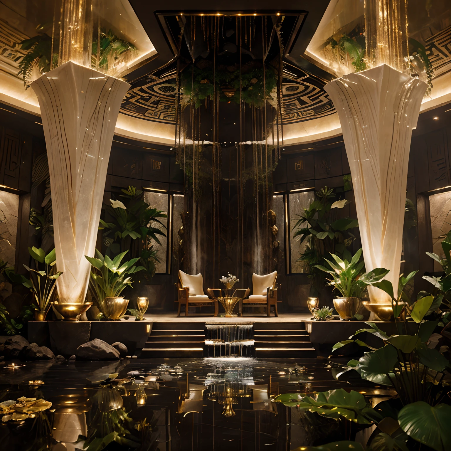 incredible luxurious futuristic coffeehouse in Ancient Vietnamese style with many ((lush plants)) (lotus flowers), ((amazing waterfalls)), (marble), ((precious minerals)), ((metals)), (gemstones), crystals, ((water)), futuristic luxury furniture, ((hieroglyphics)), (((ultra luxury))), – with ((beautiful lights)), Unreal Engine, HQ, 16k