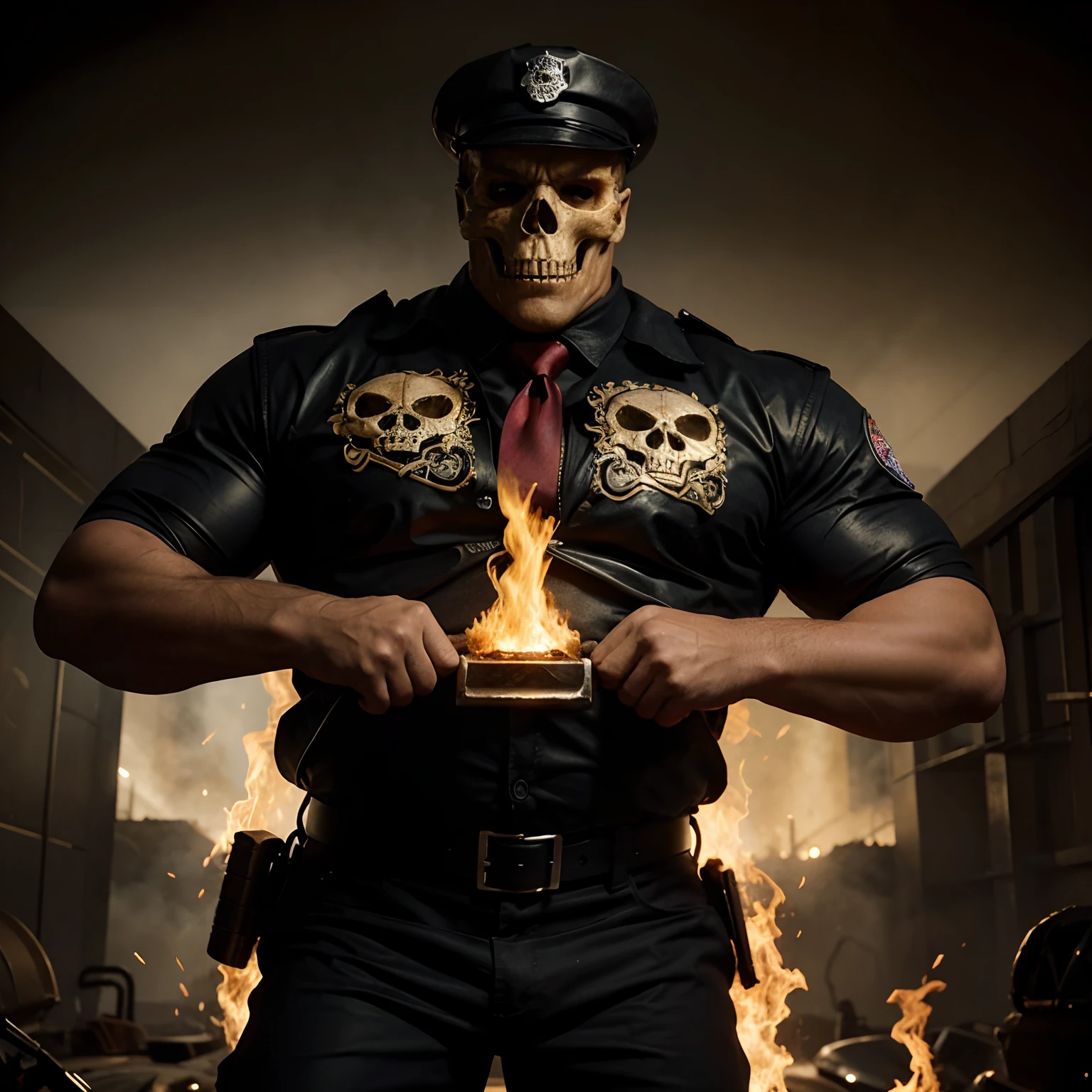 Ghost rider , muscled with huge pecs , huge torso , huge arms , with a skull head like with fire , as a police officer with a hat and a tie