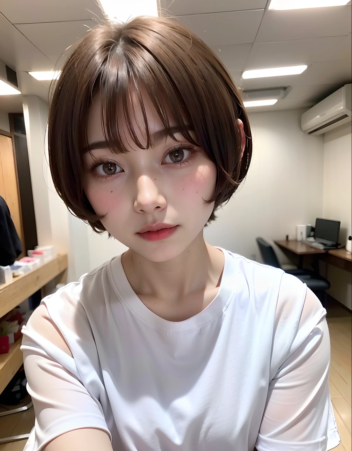 ((top-quality))、(masuter piece:1.4)、Raw photography、8K、((Top image quality))、 ((超A high resolution))、Beautiful face in every detail、Realistic human skin、Gentle expression、(1人の女性)、realisitic、Photorealsitic、(short-hair:1.4)、(cute little:1.4)、((extra very short hair))、(Cute Japan Girls)、((Pretty Woman))、(Beautiful hair)、(((Red cheeks)))、((big eye))、20-year-old beauty、Straight hair、(Smaller face:1.4)、Smaller head、((long neck))、pale skin、Spot-free skin、With bangs、Everyone longs for、Beautiful female model in Japan、(White shirt)、Looking at the camera、Temptation、eight heads high、Haircut Models、
