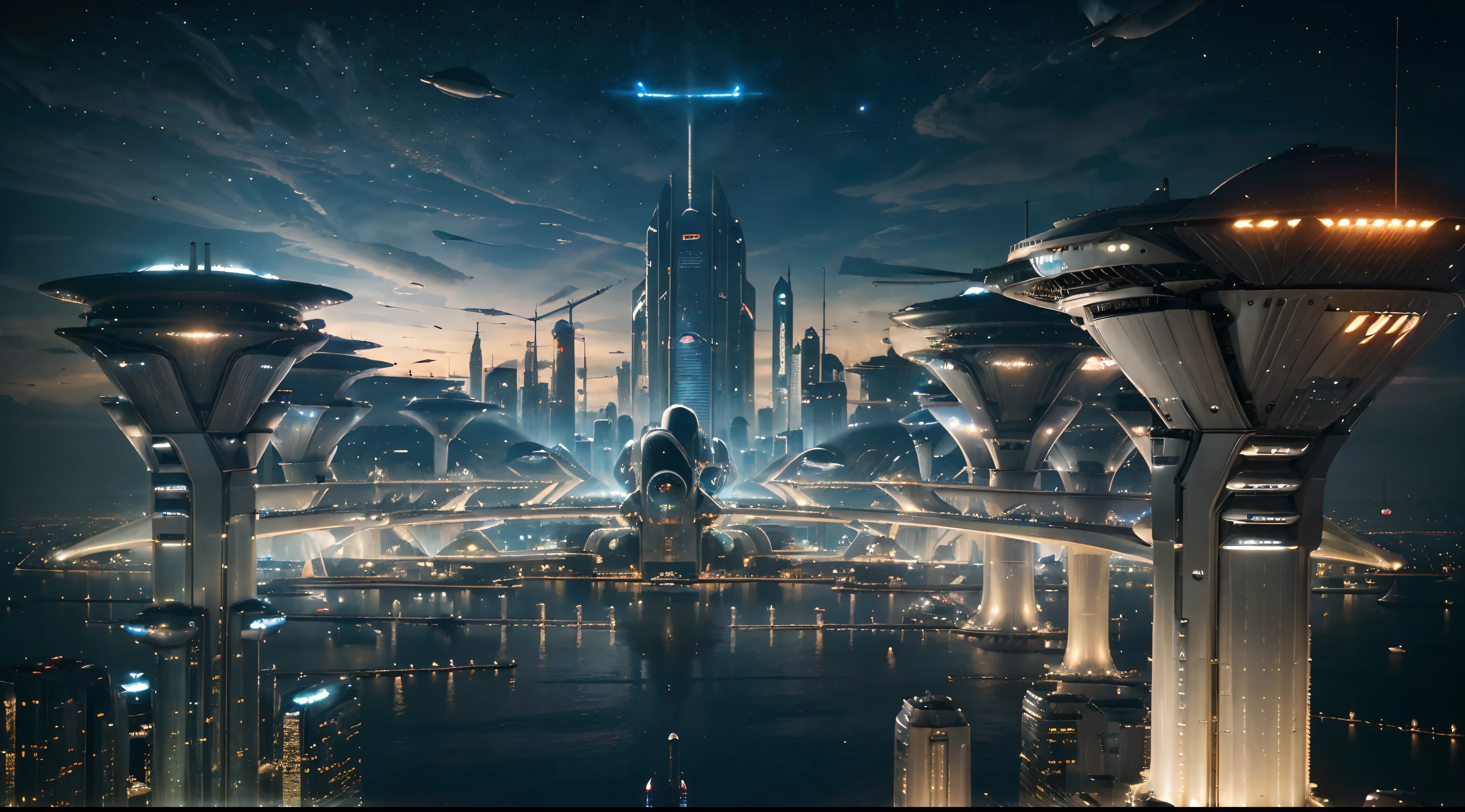 ((hyper-futuristic city、World of science fiction、megastructure、Faraway view:1.2))、masutepiece, Best Quality, Ultra-detailed, finely detail, hight resolution, 8K、Planet Cities、Spaceships fly around