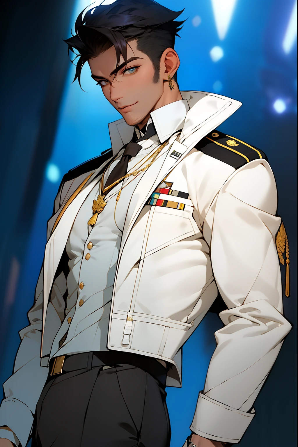 ((tmasterpiece, Need,Business negotiation aesthetics)),1 male solo, Close-up Shot Shot, (Determined eyes),(army suit),(White pilot captain jacket:1.3)(Detailed US Air Force pilot uniforms:1.5)(cabelos preto e longos),(formal outfit),Mature men,(Clear facial features,detailed skin textures,Handsome face),white backgrounid, Yellow skin, standing on your feet,(tmasterpiece,top Quority,best qualtiy),(((flatcolors))),Strong,