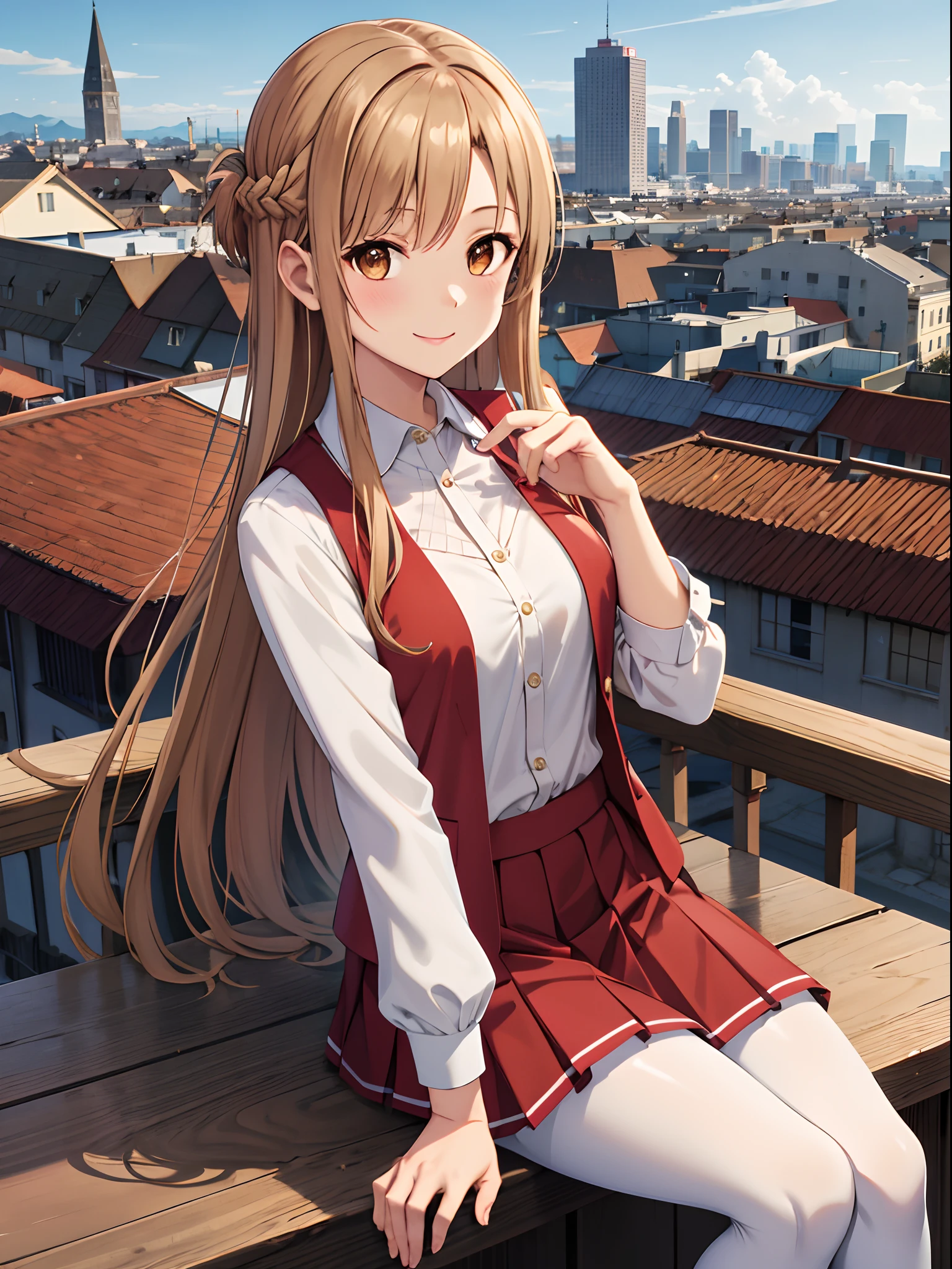 masutepiece, Best Quality, hight resolution, Arsuna, Long hair, Brown hair, braid, Brown eyes,White shirt,red skirt, black pantyhose,cowboy shot,Pleated skirt,red vest,sitting,light smile, Town,city,fantasy,