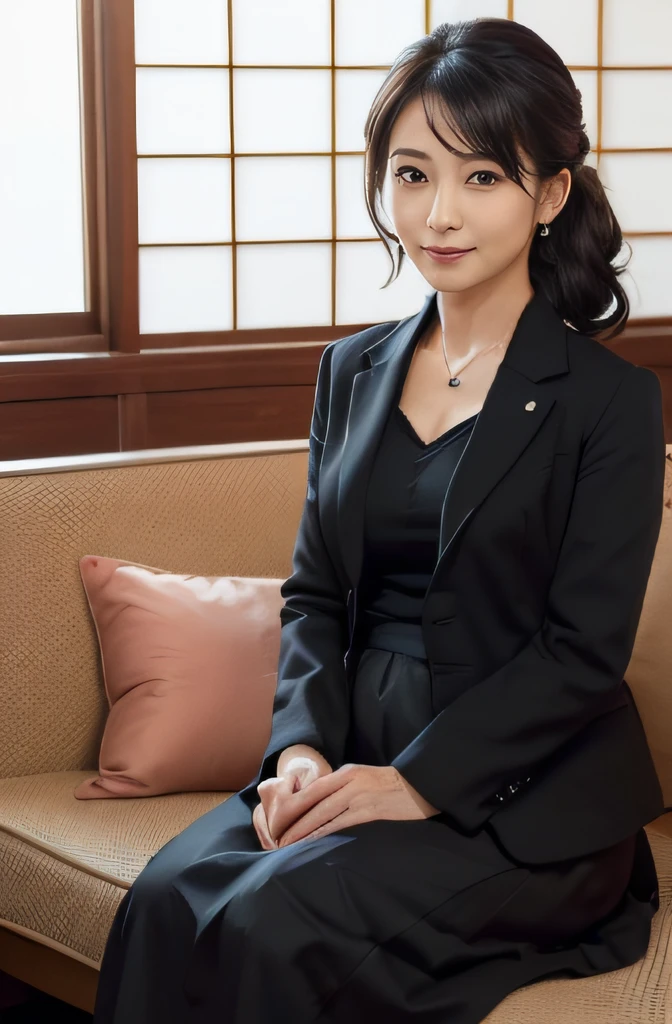 ((1人の女性,The most beautiful faces in Japan,40 years,Old face,A MILF,There are wrinkles at the corners of the eyes,Pregnancy,Big belly,A detailed face,Perfect gas chamber,Looking at the camera,View here)),((((Black shirt,Black suit jacket,Black skirt,Black mourning clothes)))),((pearls necklace,Classy hairstyle,natural make up,The chest is very bulging,Smile here,Lowered eyebrows,drooping eyebrows,Staring at them with an adorable expression,Sitting in a Japanese-style room,Japanese-style tatami room,shoji,,Seowon Building,Sitting on a cushion in a room in Japan,Looking at the camera,look at a camera,Take a photo above from your lap)),((Turn to this,View here,Perfect fingers,perfect arms,细致背景,top-quality,The ultra -The high-definition,Perfect Anatomy,high-definition RAW color photography,professional photograpy, extremely delicate and beautiful, Extremely detailed,finely detail, Huge file size,Top image quality,8K,Award-Winning Works,masutepiece))