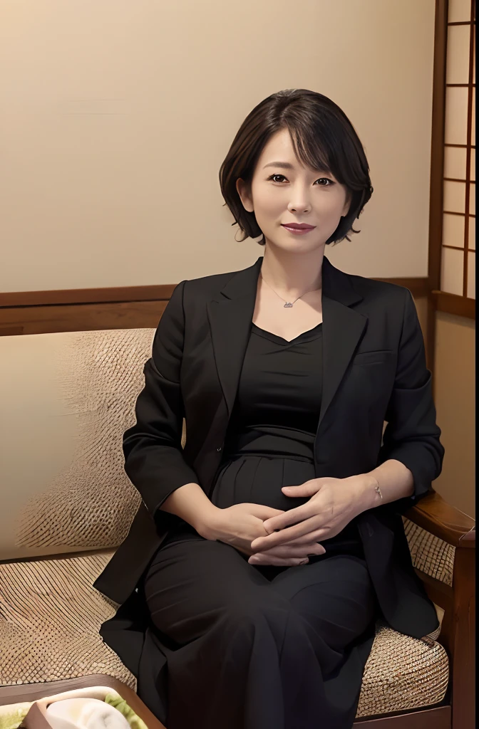 ((1人の女性,The most beautiful faces in Japan,40 years,Old face,A MILF,There are wrinkles at the corners of the eyes,Pregnancy,Big belly,A detailed face,Perfect gas chamber,Looking at the camera,View here)),((((Black shirt,Black suit jacket,Black skirt,Black mourning clothes)))),((pearls necklace,Classy hairstyle,natural make up,The chest is very bulging,Smile here,Lowered eyebrows,drooping eyebrows,Staring at them with an adorable expression,Sitting in a Japanese-style room,Japanese-style tatami room,shoji,,Seowon Building,Sitting on a cushion in a room in Japan,Looking at the camera,look at a camera,Take a photo above from your lap)),((Turn to this,View here,Perfect fingers,perfect arms,细致背景,top-quality,The ultra -The high-definition,Perfect Anatomy,high-definition RAW color photography,professional photograpy, extremely delicate and beautiful, Extremely detailed,finely detail, Huge file size,Top image quality,8K,Award-Winning Works,masutepiece))