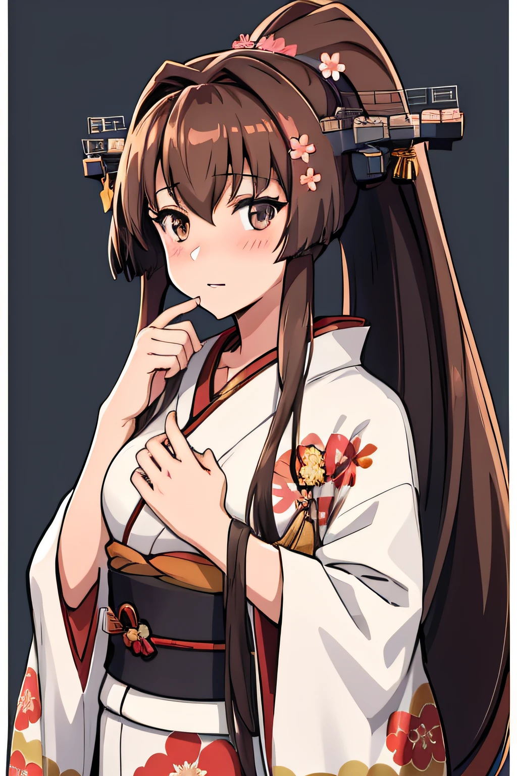 yamato_\(kancolle\), (masterpiece, best quality:1.2),illustration,8k,hd,1girl,solo,upper body,(portrait:1.2),long_hair,brown_hair,ponytail,hair_ornament,flower,hair_flower,very_long_hair,large_breasts,brown_eyes,blush,hair_between_eyes, (newyear_costume), japanese_clothes, kimono, long_sleeves, wide_sleeves, obi, headgear, long hair, kimono, sash, floral print,