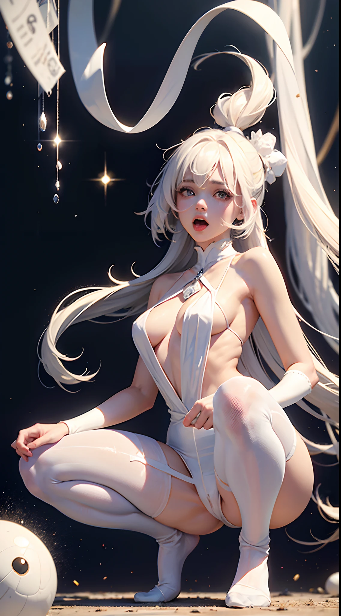 White silk pantyhose,open open mouth,spread their legs,Cute nose,cute and beautiful girl,The legs are relatively long,The chest is relatively large,Naked,,Face me below,The eyes are relatively large,Good facial features,Long hair,The reveal panties,The eyeballs are relatively large,sparkle in eyes,Tender feet,The nose is relatively large,White color hair,Raise your hands,Stick out her tongue,No shoes on,streaming tears,dual horsetail,perspire,Squat horse step,16K resolution