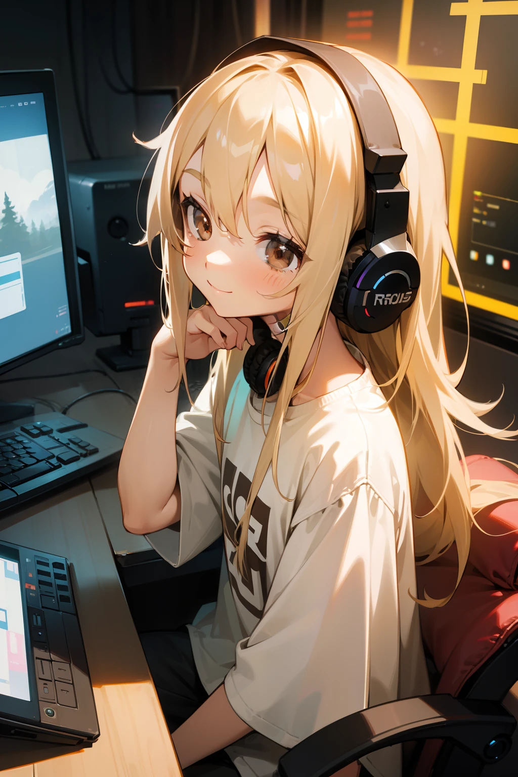 Long ash blonde hair, brown eyes, girl, happy, small, cute, big shirt, computer, gaming, rgb lights, headphones