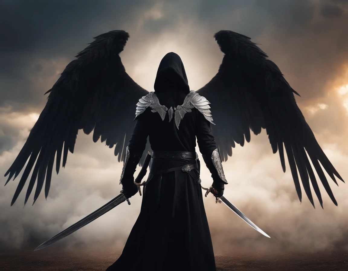 Realistic, 4K, Angel with big wings, Black clothes, two swords, Hood in war background image (the chaos), Highest quality