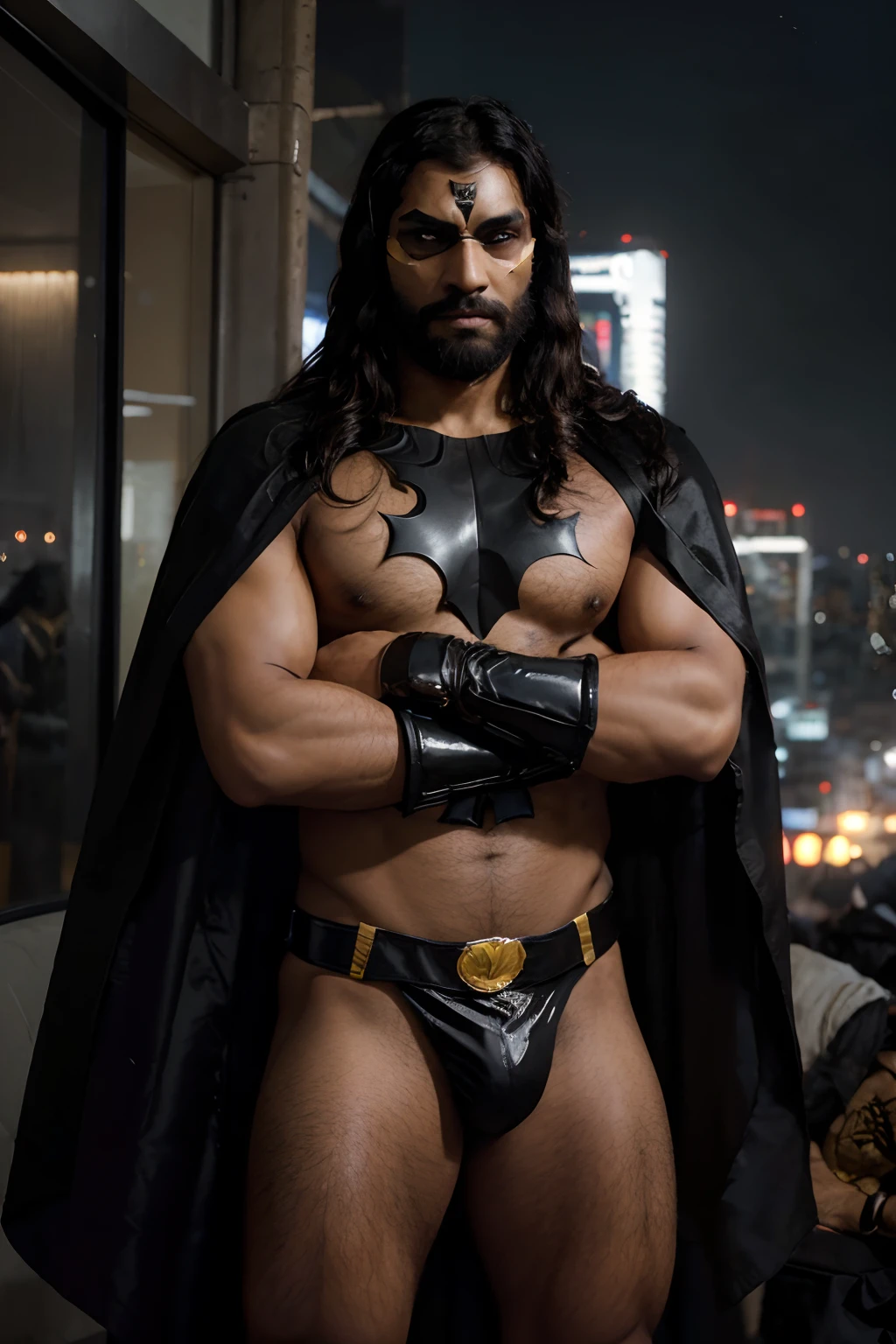 Indian Man wearing Only a Shiny Black Latex Short Underpants, Shirtless, No tops, Bare Body, Golden Batman Symbol Belt, Medium Long curly Hair falling aside face, Beards, Hoodless Batman Mask covering his Eyes Only, Black Cape, Big , Bulky Physique, Hairy Body, Brown Skin Complexion, Standing, Crossed Arms, Dark Semi-ruined Gotham Cyberpunk City in Background