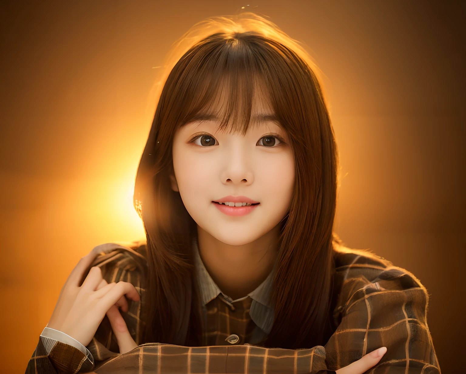 infp young woman。She has shoulder-length straight brown hair.、Wearing a brown plaid shirt with long sleeves。White background、Her pose looks natural and relaxed。The overall atmosphere is casual and friendly。