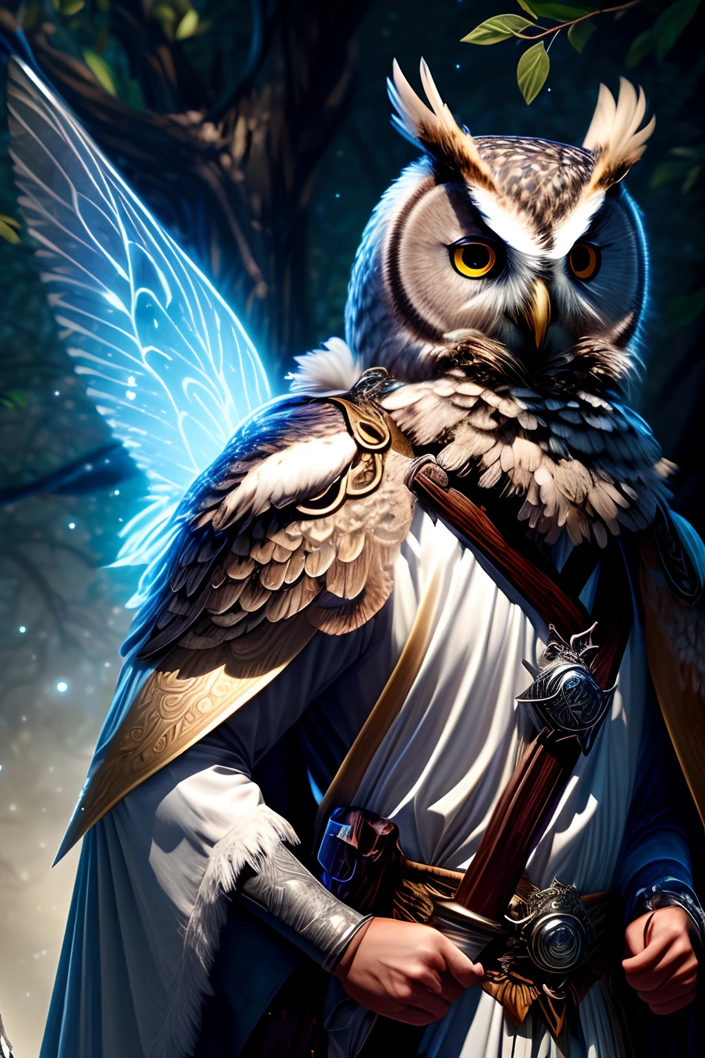 (Anthropomorphic cool owl),Bright eyes,Radar lugs,Sharp mouth,Wearing a fairy robe,carrying swords on his back,standing on a tree branch,blossoms, foliage,Realistic details,Ethereal fantasy,Virtual animals,rays of moonlight,Quiet。
