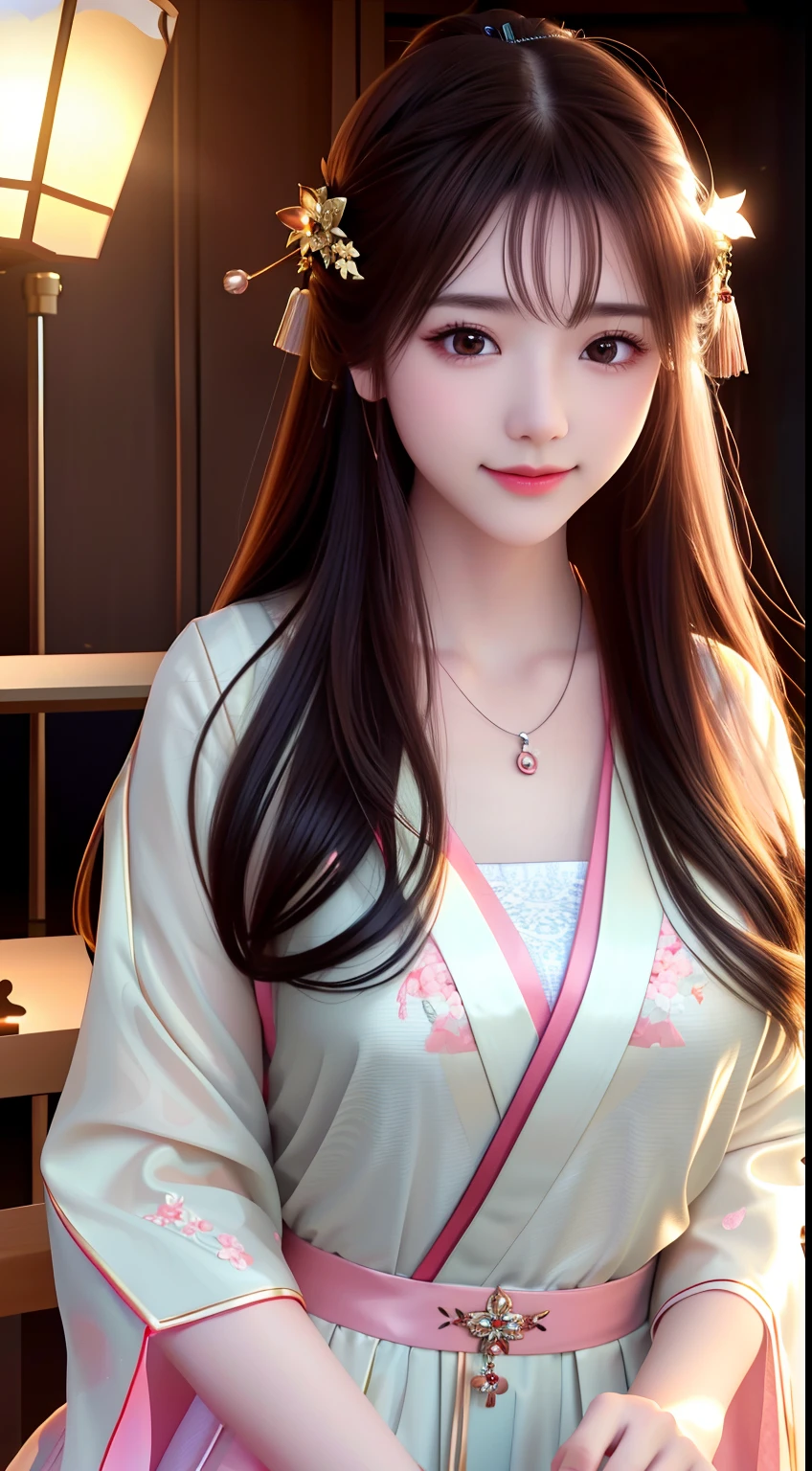best quality, masterpiece, highres, 1girl,blush,(seductive smile:0.8),star-shaped pupils,china hanfu,hair ornament,necklace, jewelry,Beautiful face,upon_body, tyndall effect,photorealistic, dark studio, rim lighting, two tone lighting,(high detailed skin:1.2), 8k uhd, dslr, soft lighting, high quality, volumetric lighting, candid, Photograph, high resolution, 4k, 8k, Bokeh