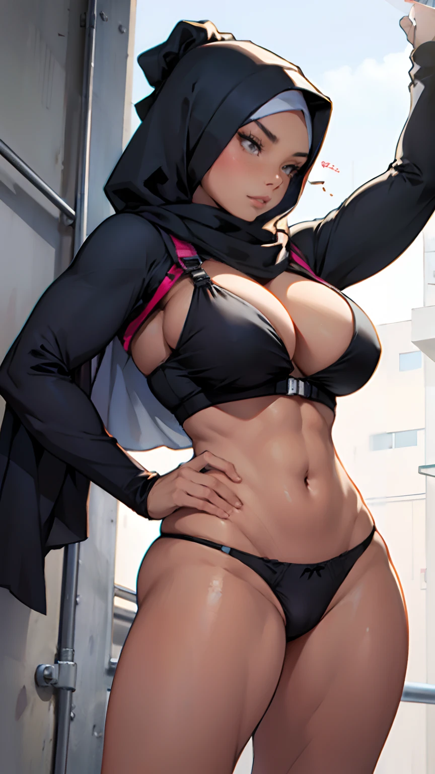 Malay Woman in hijab, body definition big breasts，Large sagging breasts，Thick thigh cybernetics body parts，Short underwear, poses like wanna punching