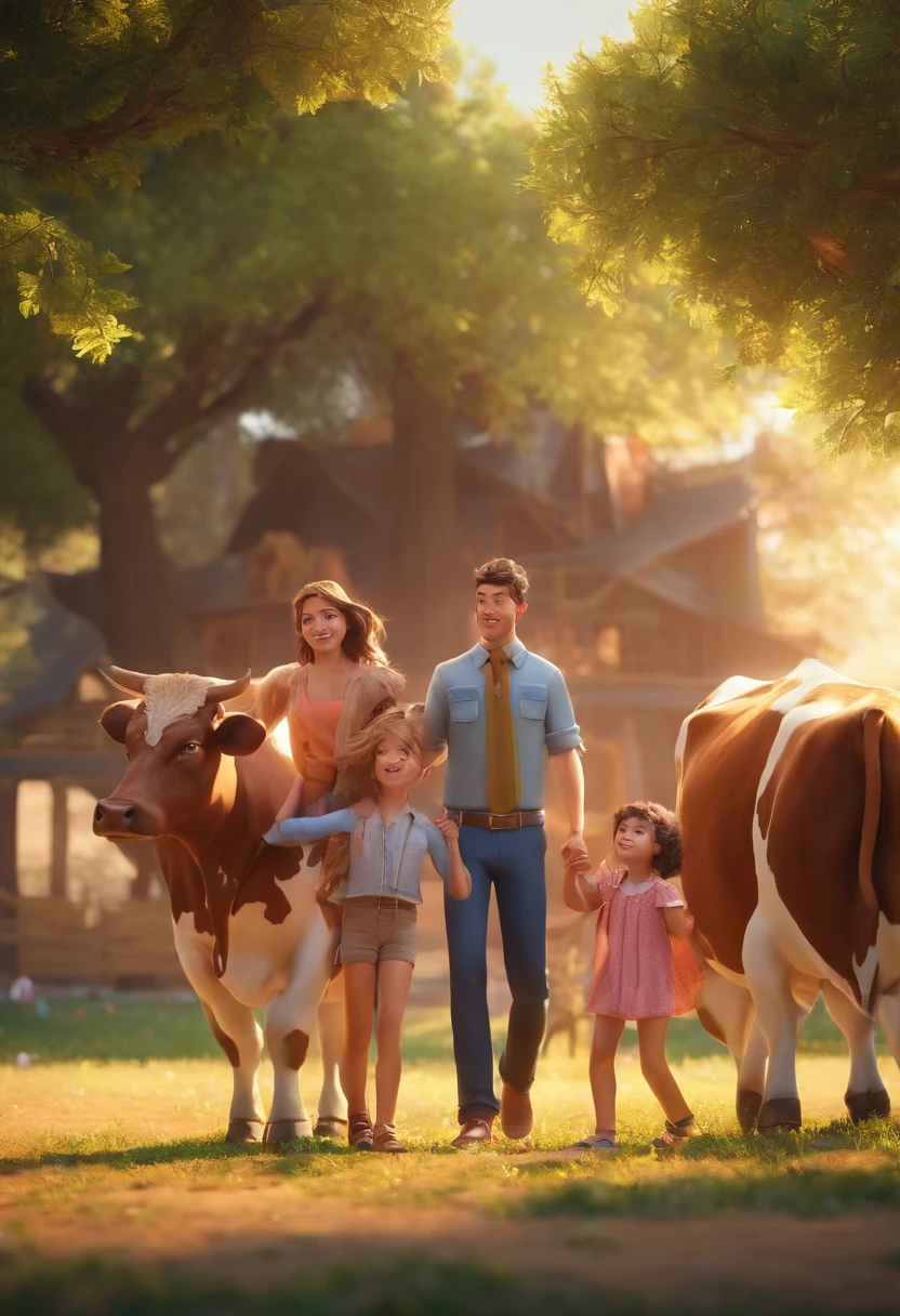 pixer style: families, Father, Mother and two girls. A 6--old and a 2-year-oly . Anch with beautiful brown cows .