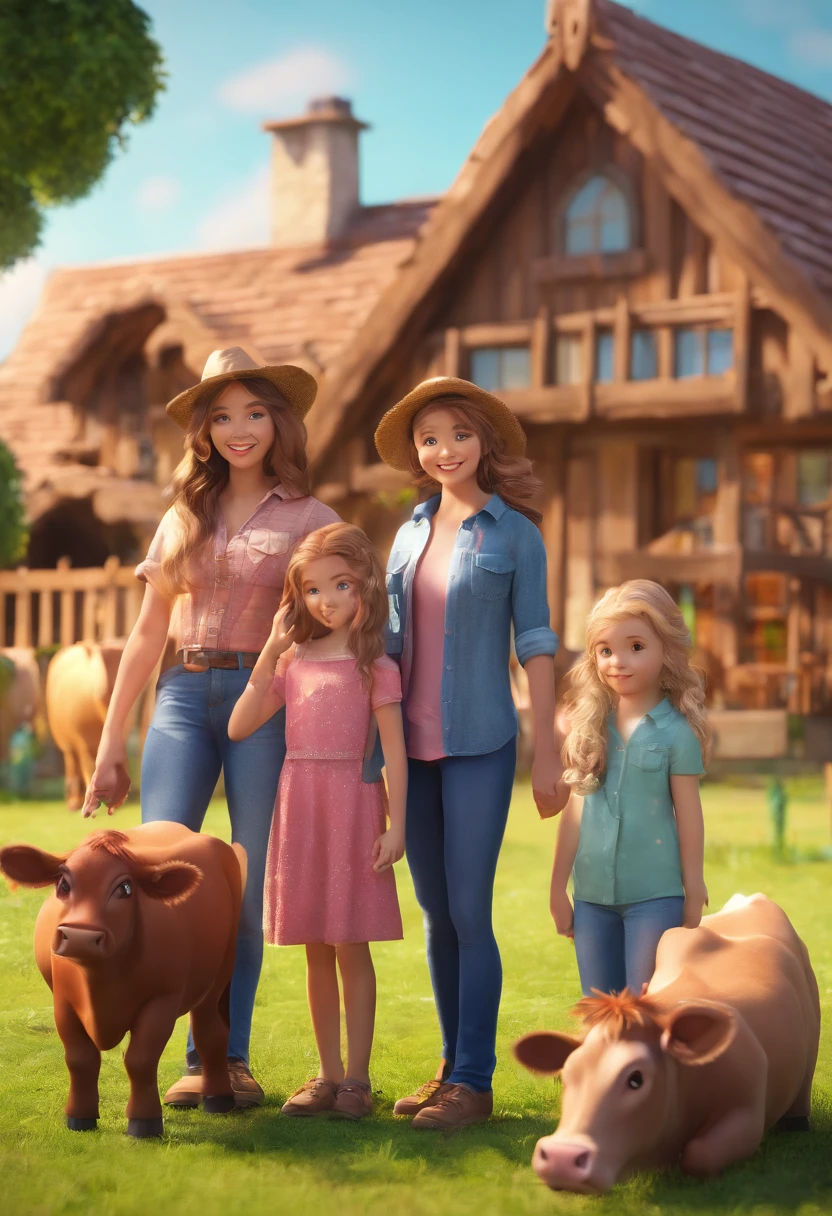 pixer style: families, Father, Mother and two girls. A 6-year-old boy and a 2-year-old boy . A ranch with beautiful brown cows .