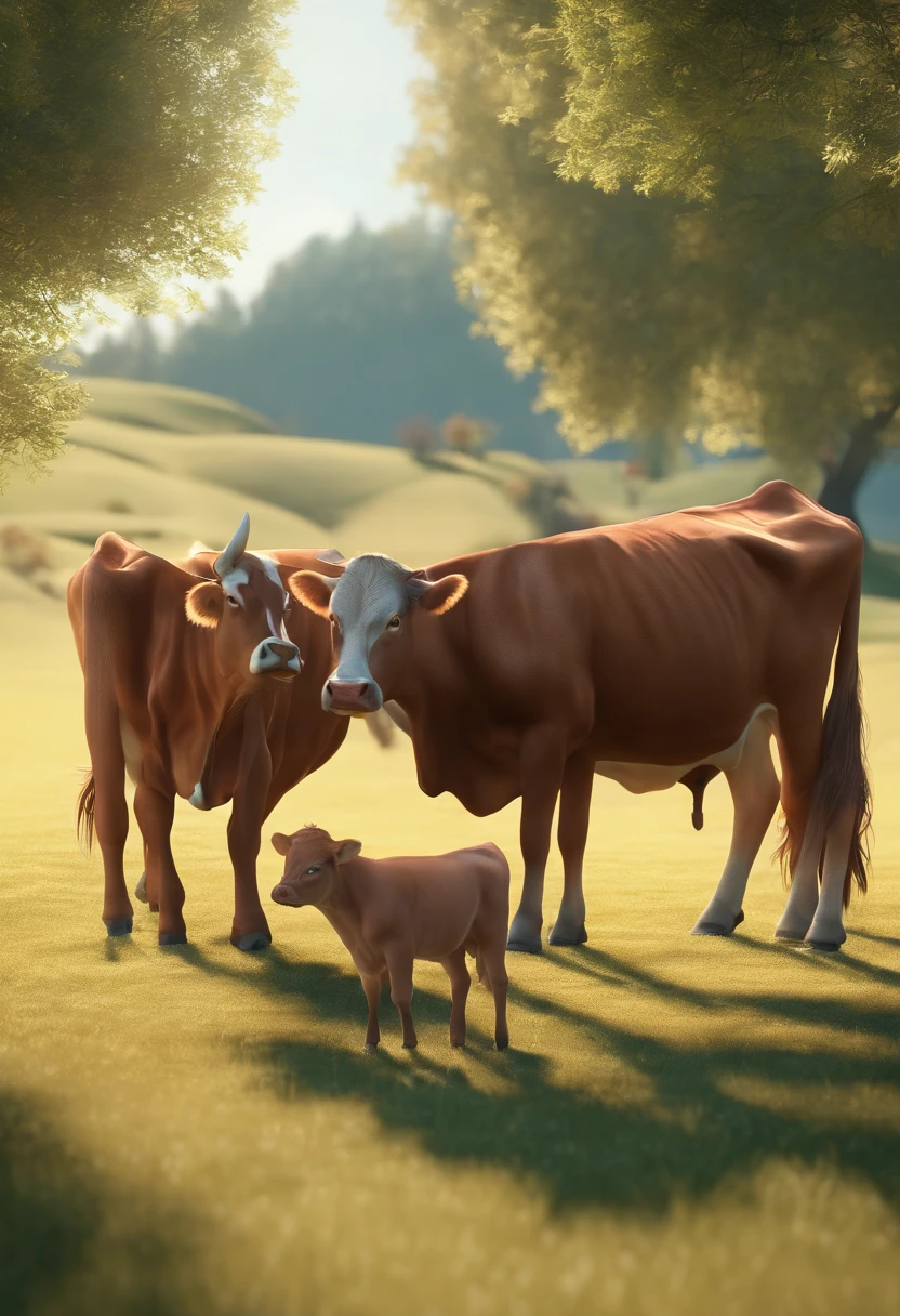 pixer style: families, Father, Mother and two girls. A 6-year-old boy and a 2-year-old boy . A ranch with beautiful brown cows .