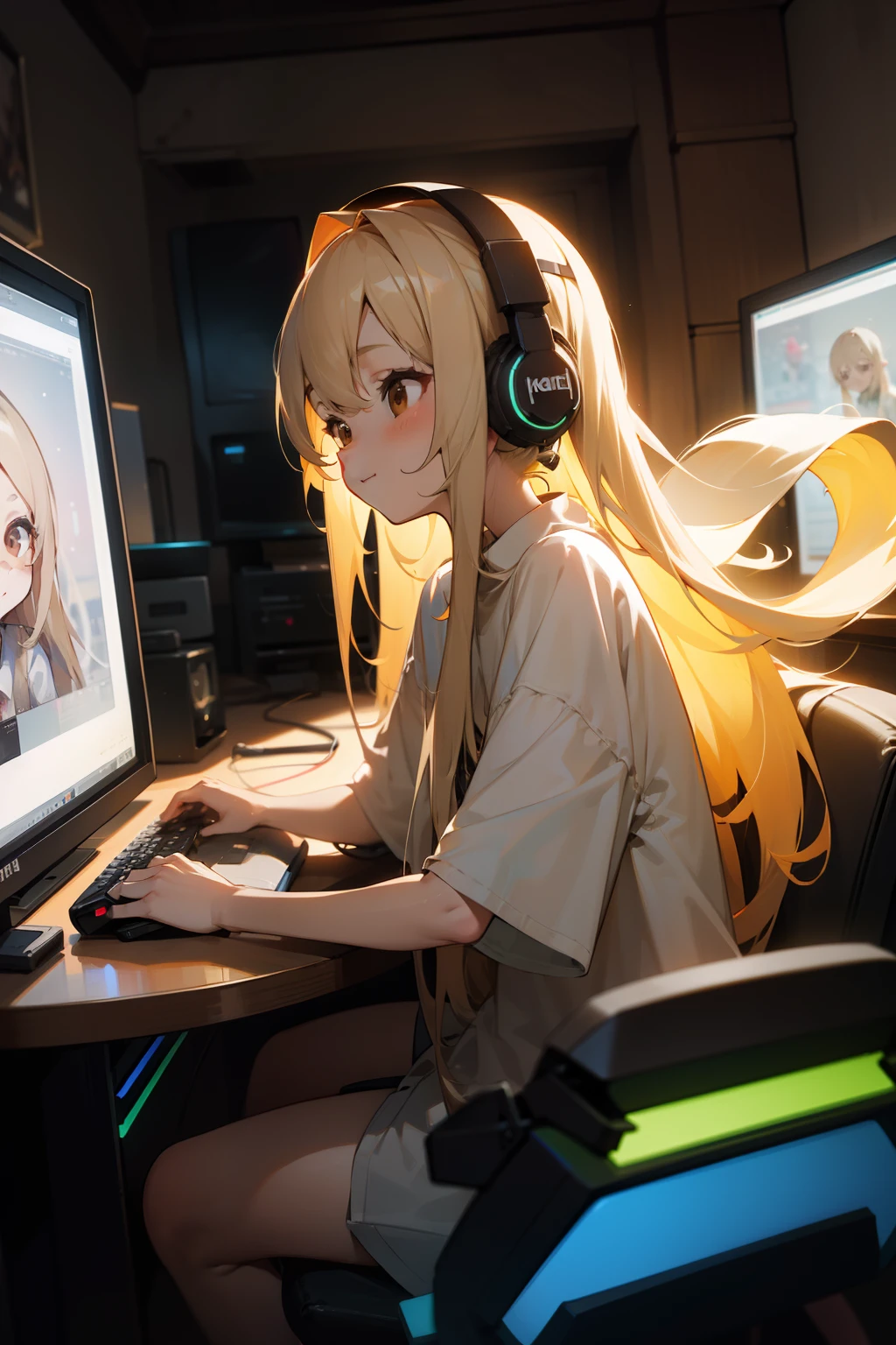 Long ash blonde hair, brown eyes, girl, happy, small, cute, big shirt, computer, gaming, rgb lights, headphones