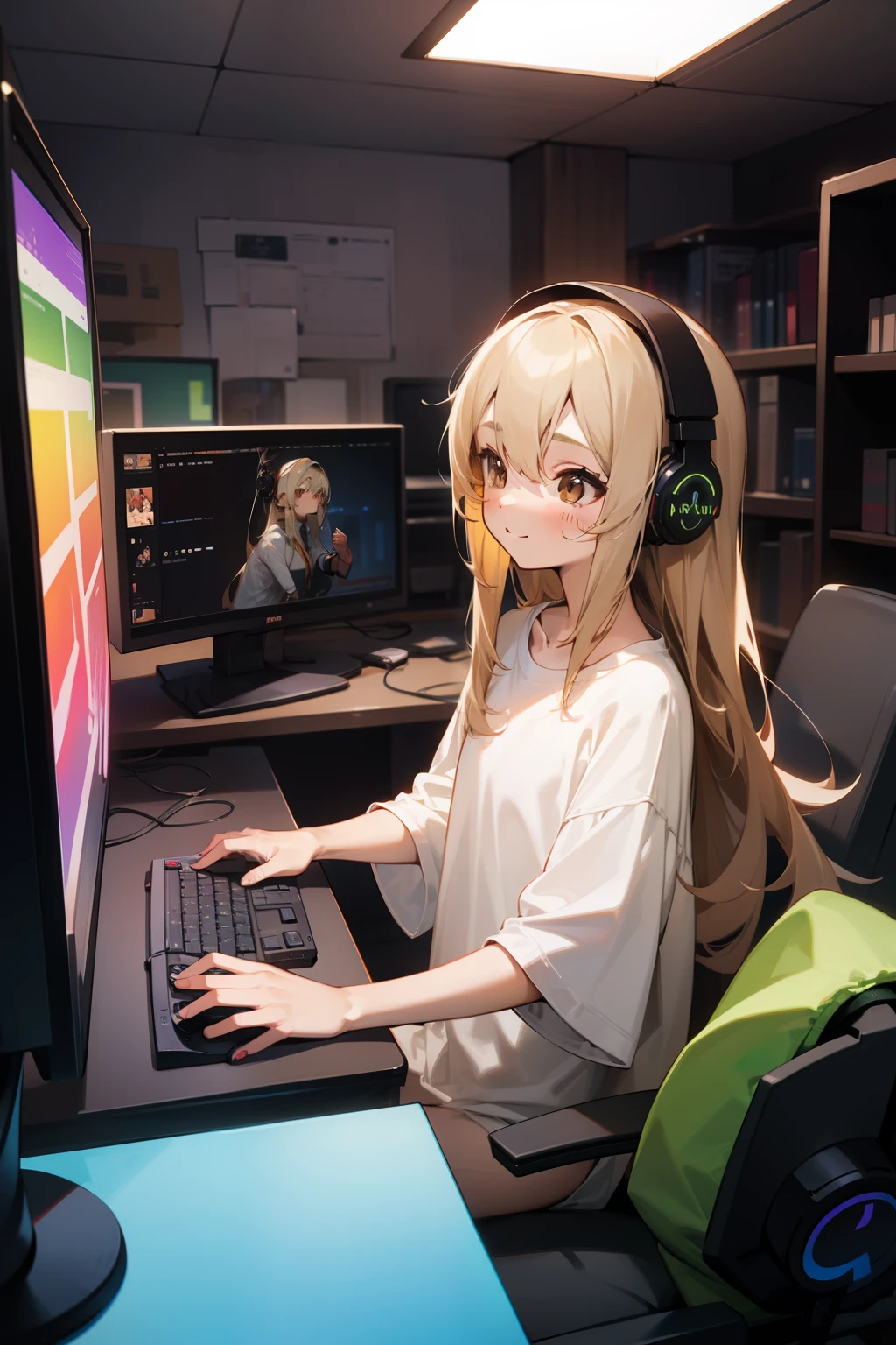 Long ash blonde hair, brown eyes, girl, happy, small, cute, big shirt, computer, gaming, rgb lights, headphones