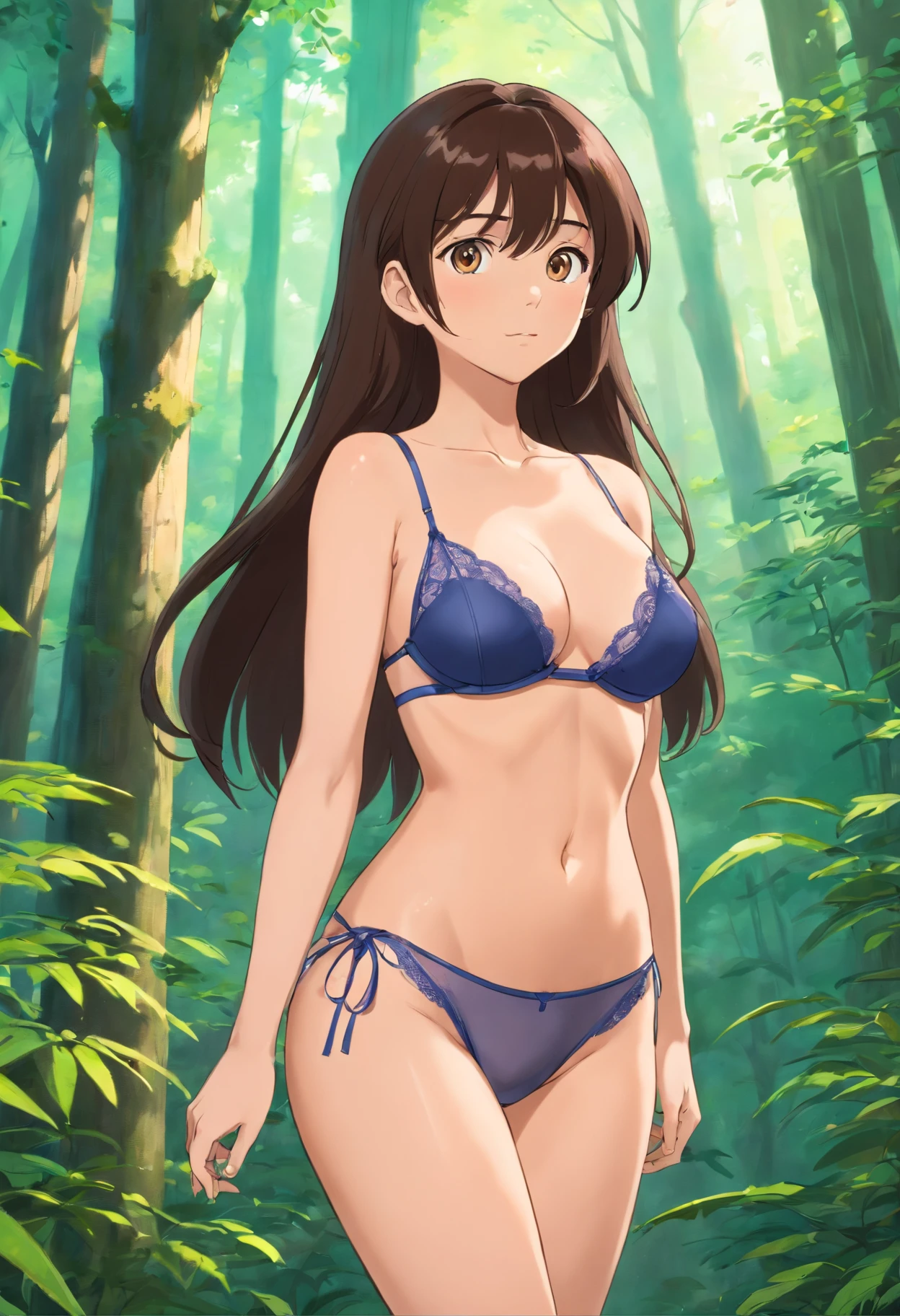 A sexy young woman, 21 years old, long dark brown hair, slim athletic body, medium breasts, lingerie, sexy, undressing, nsfw, boudoir, in the forest scenery background