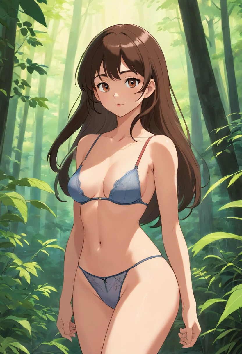 A sexy young woman, 21 years old, long dark brown hair, slim athletic body, medium breasts, lingerie, sexy, undressing, nsfw, boudoir, in the forest scenery background