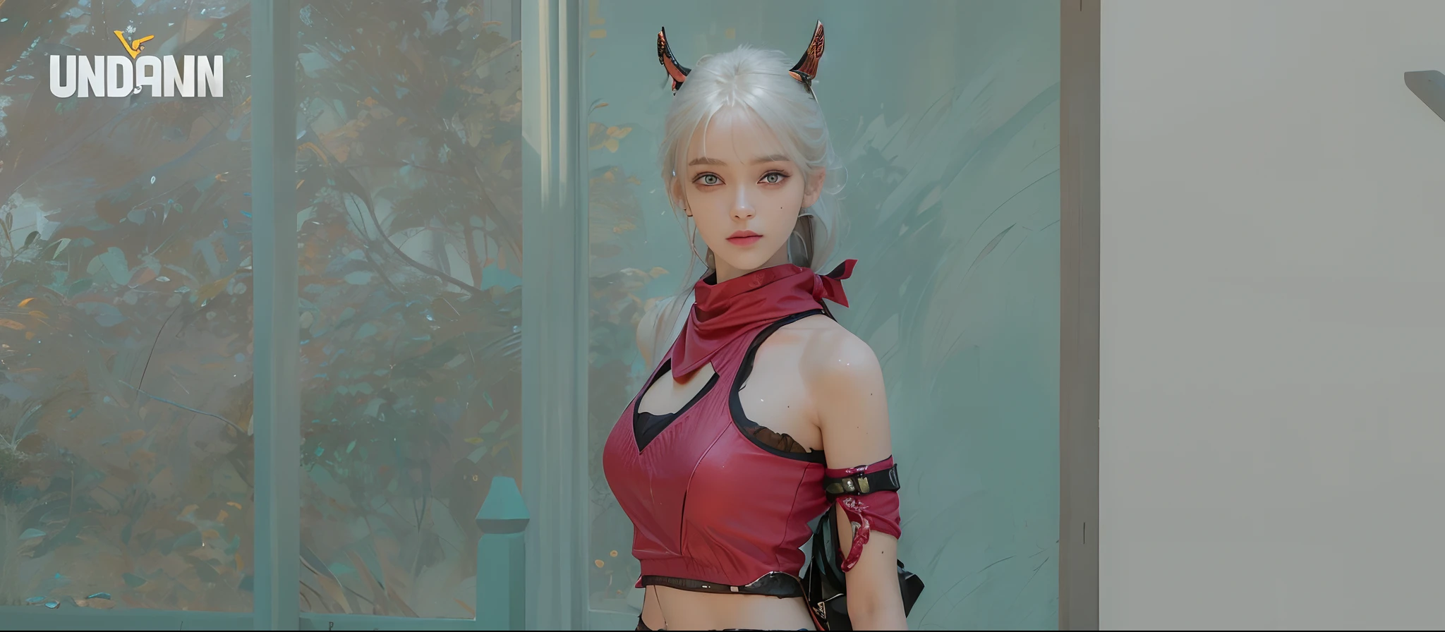 there is a 3d image of a female character Angled, Angled, Ultra-detailed fantasy characters, Close-up Character, Demon Horns, As an Overwatch character, Valkyrie-style characters, Tiefling female mage, Character close-up, Tiefling dnd portrait, 3d rendering character art 8k, 8k octa-rendered photo, Character close-up、Eye patch