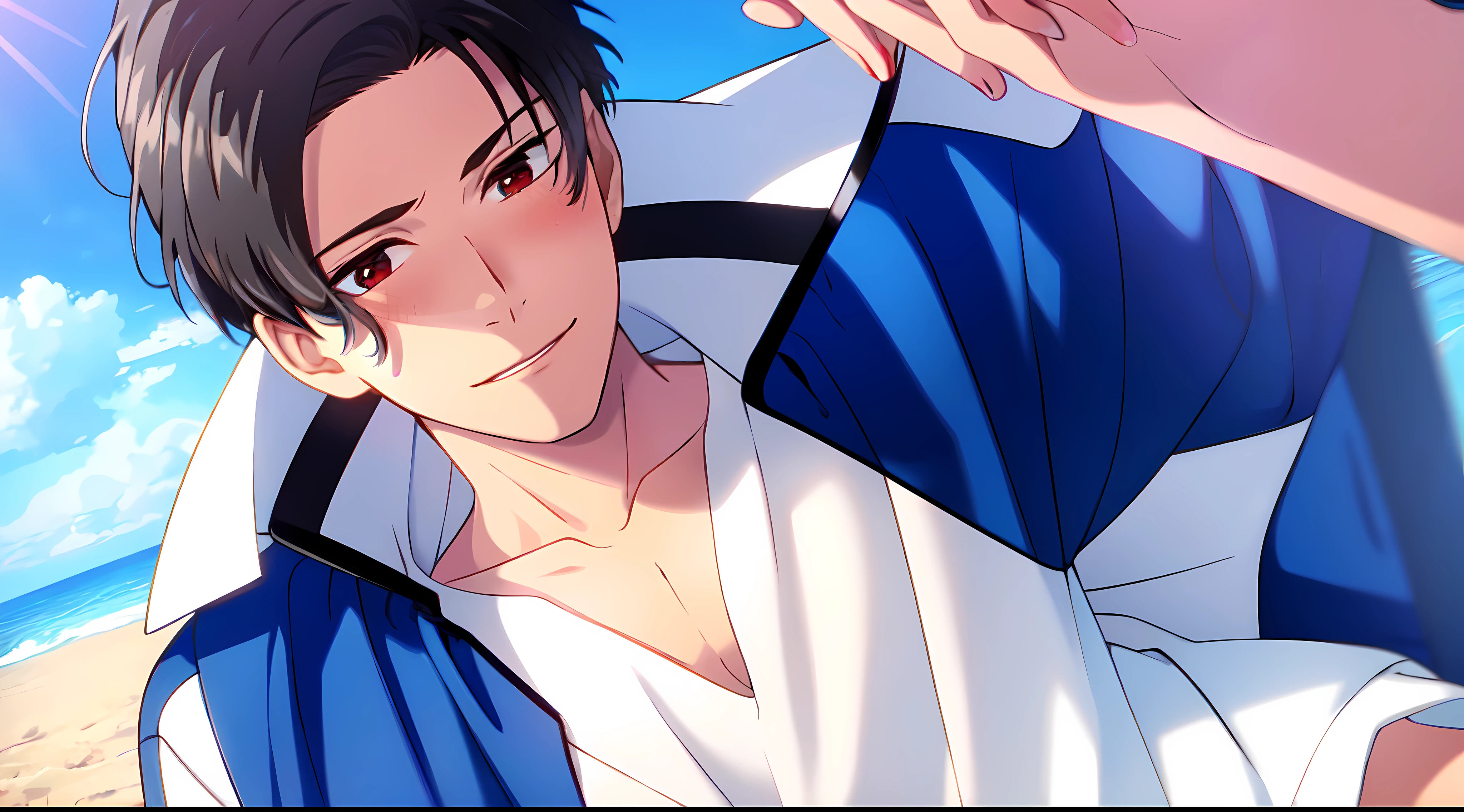 masterpiece, (1Boy), luci, red eyes, black hair, look at viewer, blush, light smile, closed mouth, (Beach), close up, (white shirt), (open chest), blue sky background