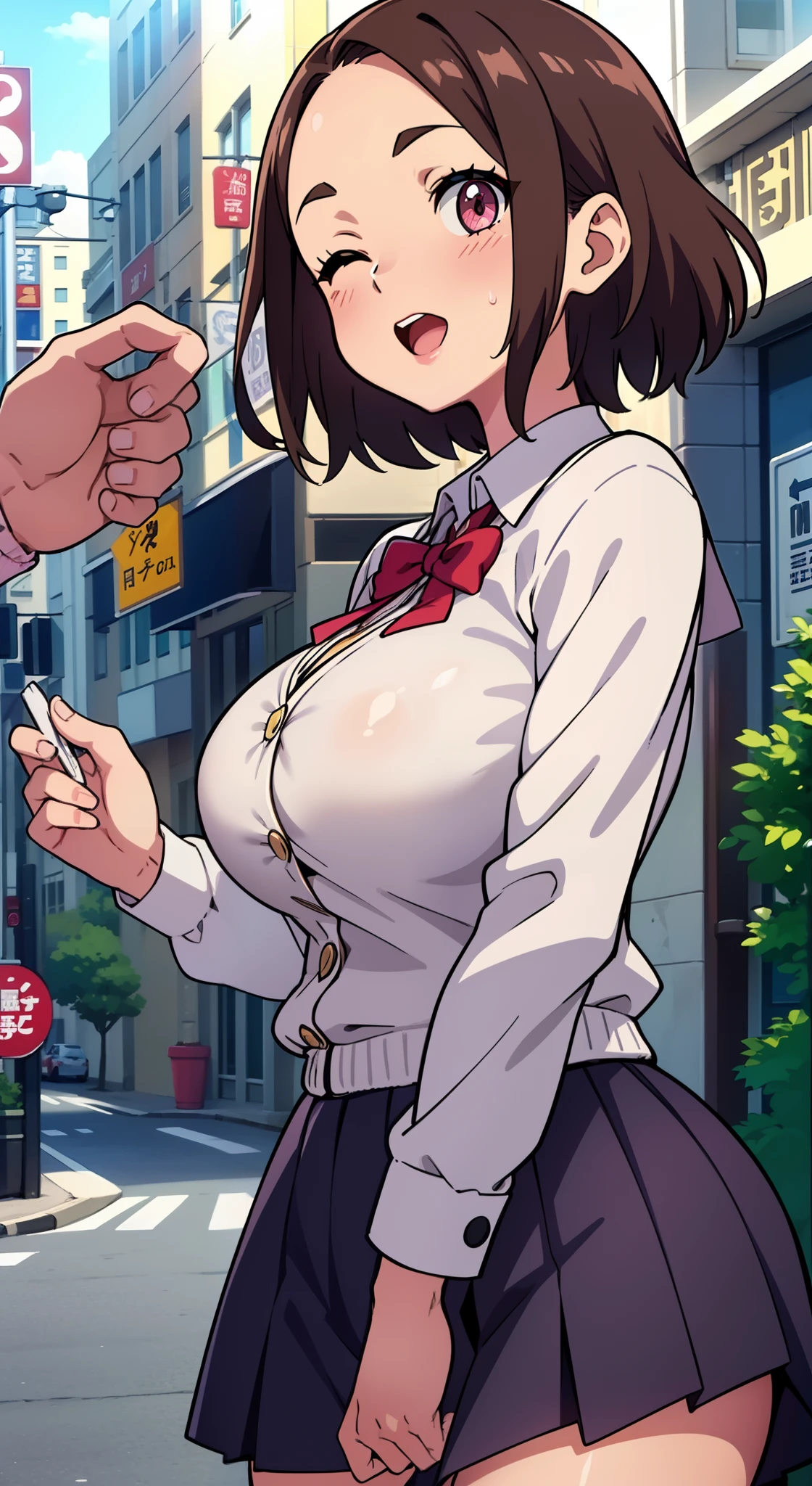 (a closeup、16 K、top-quality、high detailing、rich skin detail、nffsw)、NSFW、Watch everywhere、obedience、a matural female、:D、Surprised、One eye is closed、Wavy mouth、(((very Bigger breasts)))、Parted bangs、School uniform、Navy blue miniskirt、Cream cardigan、Pink Panties、brown haired、Brown-eyed、((short-hair))、((Forehead))、blushed、(big butts)、(thick thighs)、Sweat、In the street