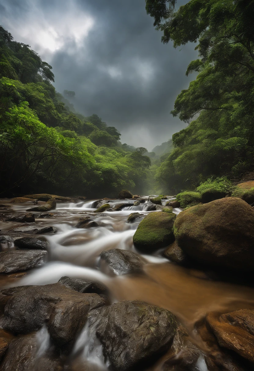 ((masterpiece)), (((best quality))), ((ultra-detailed)), (Amazing:1.1), beautiful, nature, sky and ground, heavy wind, windsweeped, line cloud,Light shoot from the cloud, in a lush remote folige jungle with jungle wildlife and fauna, award winning photo, BLN-L24, Exposure,High Contrast,Low Saturation,High Saturation 8k 3D, F 2.8 lens, Aerial View, Cinematic lighting