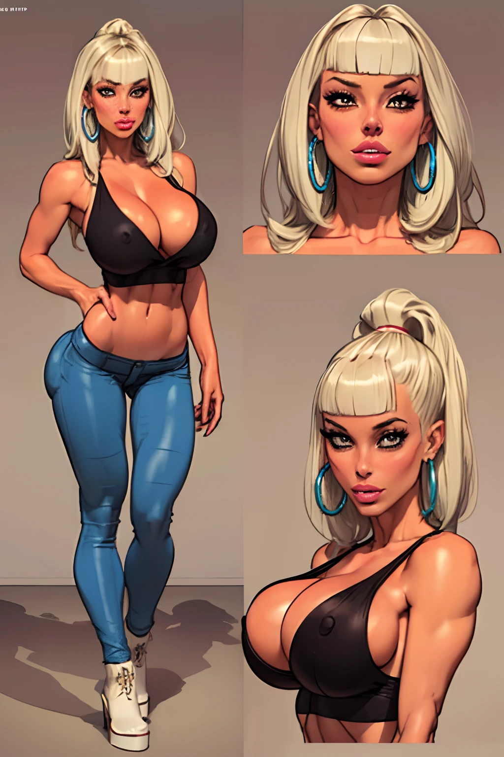 (3/4 view:1.4)(masterpiece:1.2, best quality), 1lady, solo, upper body, big tits, wide hips,
light blue wash skinny jeans, white tank top, midriff exposed, (thin suspenders:1.0), high heel boots, (detailed eye lashes:1.4), (full lips:1.7), (detailed face:1.3)cheekbones
Loose waves, platinum blonde, (long hair bangs:1.6), long ponytail,(puffy lips), slendered abs
simple hoop earrings