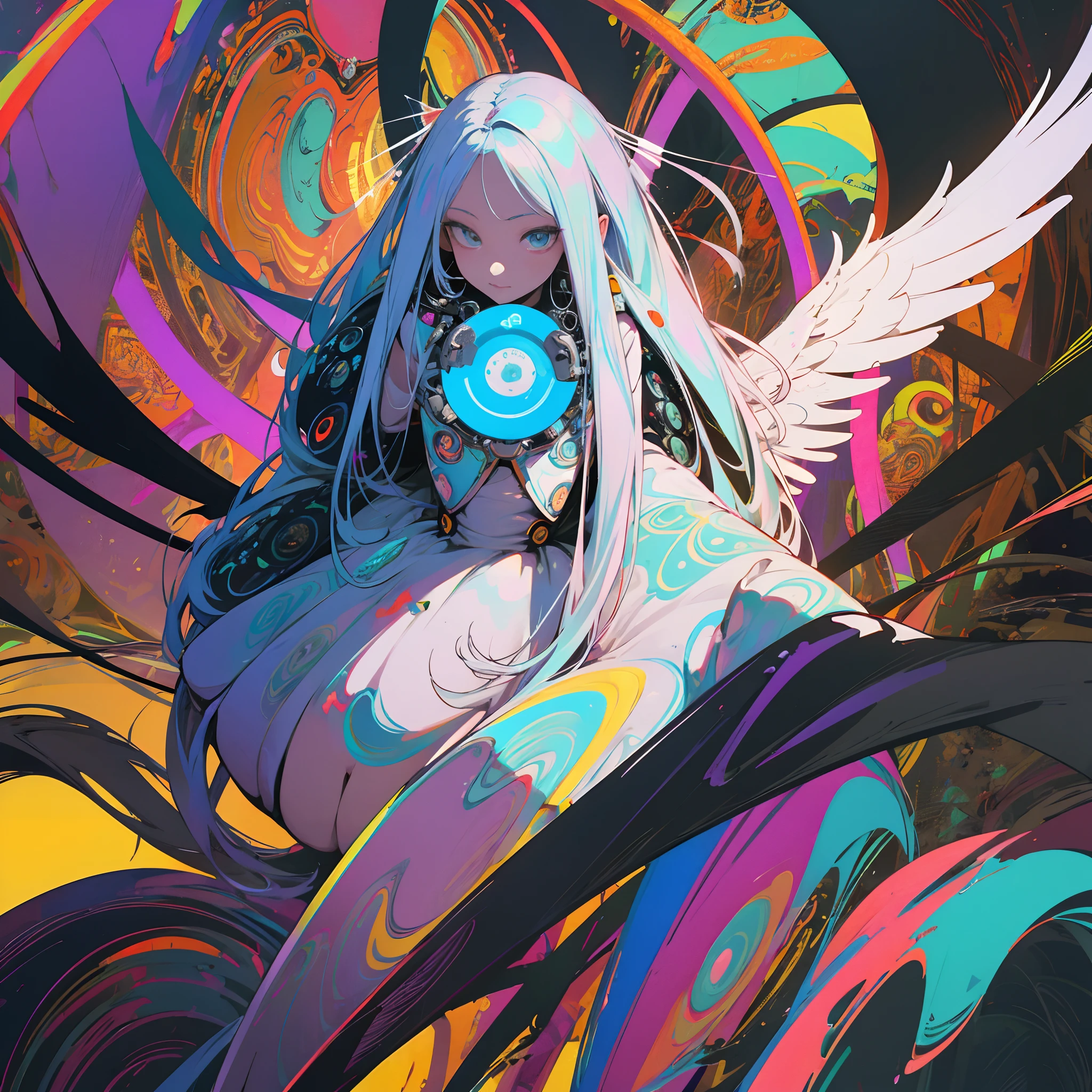 One black ring angel, close-up shot, High definition color illustration, Spreading its wings, the core angel of multi-world interpretation, psychedelic art, Very intricate details, futuristic fashion.