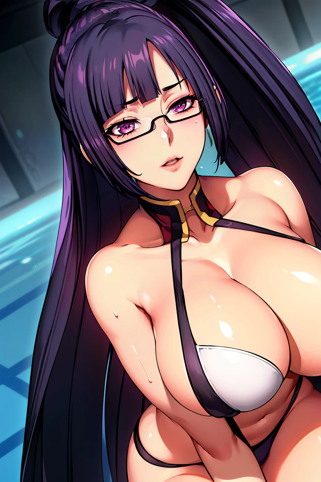 swim pool Background, (show full body image), white bikini, sitting pose, touching breasts, semi-rimless eyewear, black hair, very long hair, ponytail,Bangs,purple eyes, 1 girl, 20yo,Young female,Beautiful Finger,Beautiful long legs,Beautiful body,Beautiful Nose,Beautiful character design, perfect eyes, perfect face,expressive eyes,perfect balance, looking at viewer,(Focus on her face), (innocent_big_eyes:1.0),Moaning , official art,extremely detailed CG unity 8k wallpaper, perfect lighting,Colorful, Bright_Front_face_Lighting,shiny skin, (masterpiece:1.0),(best_quality:1.0), ultra high res,4K,ultra-detailed, photography, 8K, HDR, highres, absurdres:1.2, Kodak portra 400, film grain, blurry background, bokeh:1.2, lens flare, (vibrant_color:1.2),professional photograph, (Beautiful,large_Breasts:1.4), (beautiful_face:1.5),(narrow_waist),