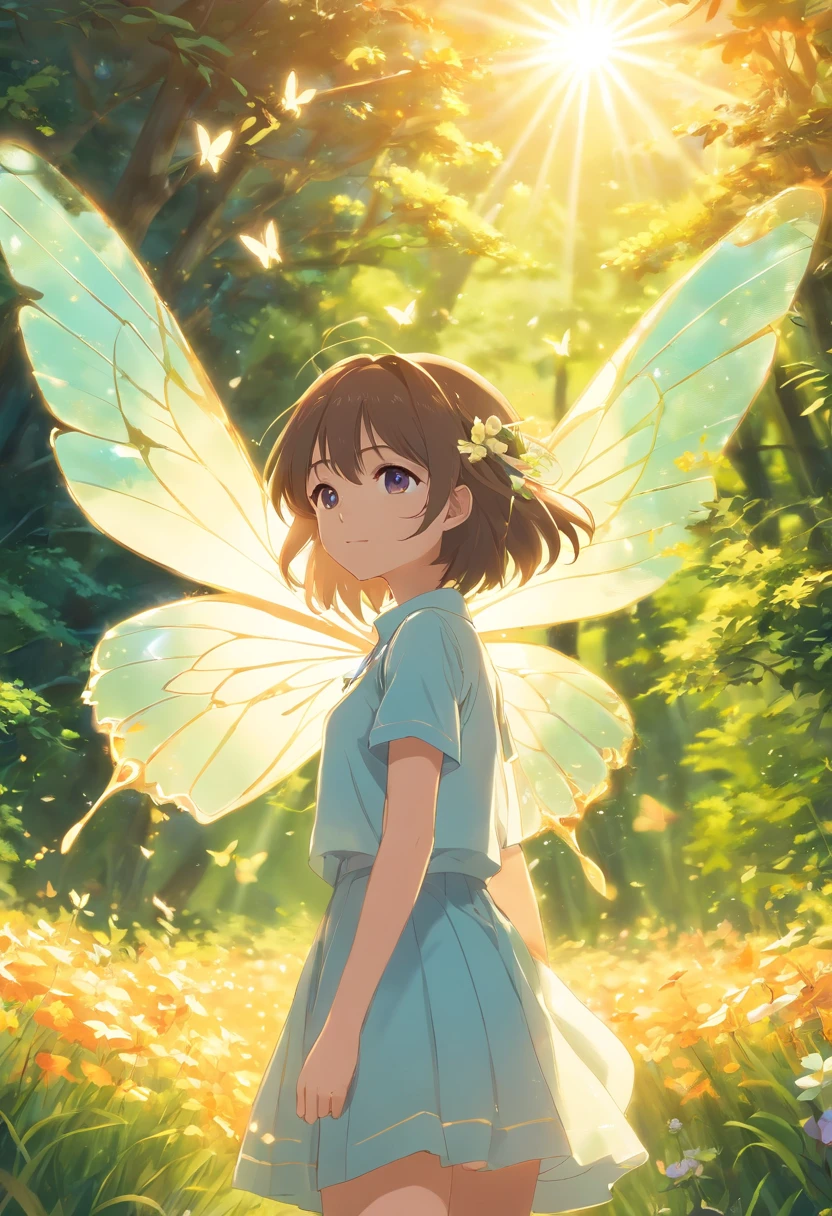 (best quality,Altas:1.2),fotorrealista,anime,harmony of butterfly, sunny morning light, in soft dreamy light at sunset, blur dreamy outdoor, summer morning light, soft morning light, butterfly, beautiful photo, beautiful soft light, holding a flower, soft golden light, holding magic flowers, beautiful sunny day, natural morning light, with beautiful wings nas maosRio Claro,Floresta,luz solar,contato visual