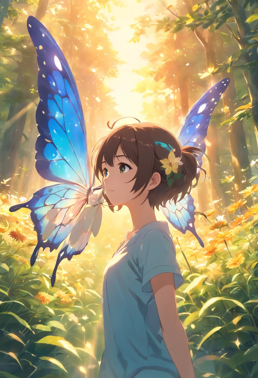 (best quality,Altas:1.2),fotorrealista,anime,harmony of butterfly, sunny morning light, in soft dreamy light at sunset, blur dreamy outdoor, summer morning light, soft morning light, butterfly, beautiful photo, beautiful soft light, holding a flower, soft golden light, holding magic flowers, beautiful sunny day, natural morning light, with beautiful wings nas maosRio Claro,Floresta,luz solar,contato visual