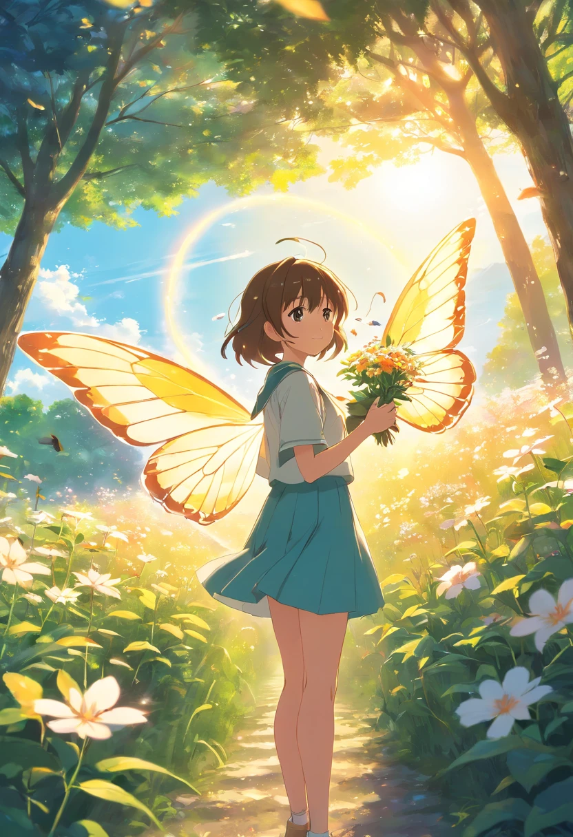 (best quality,Altas:1.2),fotorrealista,anime,harmony of butterfly, sunny morning light, in soft dreamy light at sunset, blur dreamy outdoor, summer morning light, soft morning light, butterfly, beautiful photo, beautiful soft light, holding a flower, soft golden light, holding magic flowers, beautiful sunny day, natural morning light, with beautiful wings nas maosRio Claro,Floresta,luz solar,contato visual